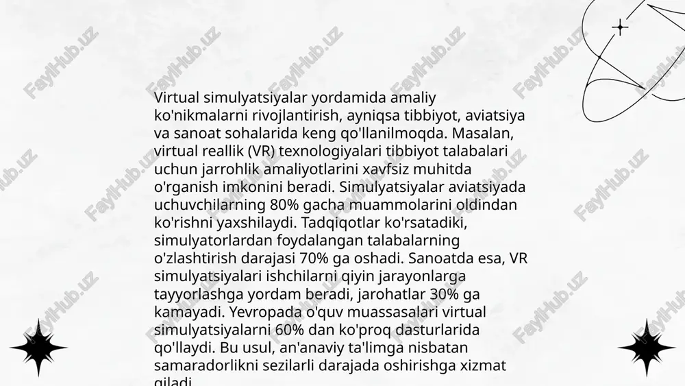 labalarning amaliyotga tayyorgarligini oshirishda qo'llaniladi. virtual reallik yordamida talabalarga murakkab tibbiy vaziyatlarni xavfsiz sinovdan o'tkazish imkoniyati beriladi, bu esa ularning tayyorligini va o'ziga bo'lgan ishonchini oshiradi. tibbiy fanlarni o'qitishda masofaviy ta' lim texnologiyasi. qodirova madina e'tiboringiz uchun raxmat! image1.png image2.png image3.png image4.jpg image5.png image6.png image7.jpg /docprops/thumbnail.jpeg