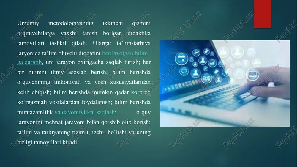 iston respublikasining konstitutsiyasi t.: -oʻzbeksiton 2012y. o‘zbekiston respublikasining «ta’lim to‘g‘risida»gi qonuni. , -t.:o‘zbekiston. 2020 y 3. maktabgacha taʼlim konsepsiyasi – t.: 2019-y. 4.azizxoʻjayeva n.n. oʻqituvchi tayyorlashning pedagogik texnologiyasi.-t.: tdpu, 2000.52 b 5. xasanboyev j., toʻrakulov x., xaydarov m., xasanboyeva o. pedagogika fanidan izohli lugʻat. – t., 2008. internet saytlari: 1. www. tdpu. uz 2.www. pedagog. uz 3.www. ziyonet.uz 4.www. edu. uz image6.png image7.png image8.png image9.png image10.png image11.png image12.png image13.png image14.png image2.png image3.png image4.png image5.png /docprops/thumbnail.jpeg