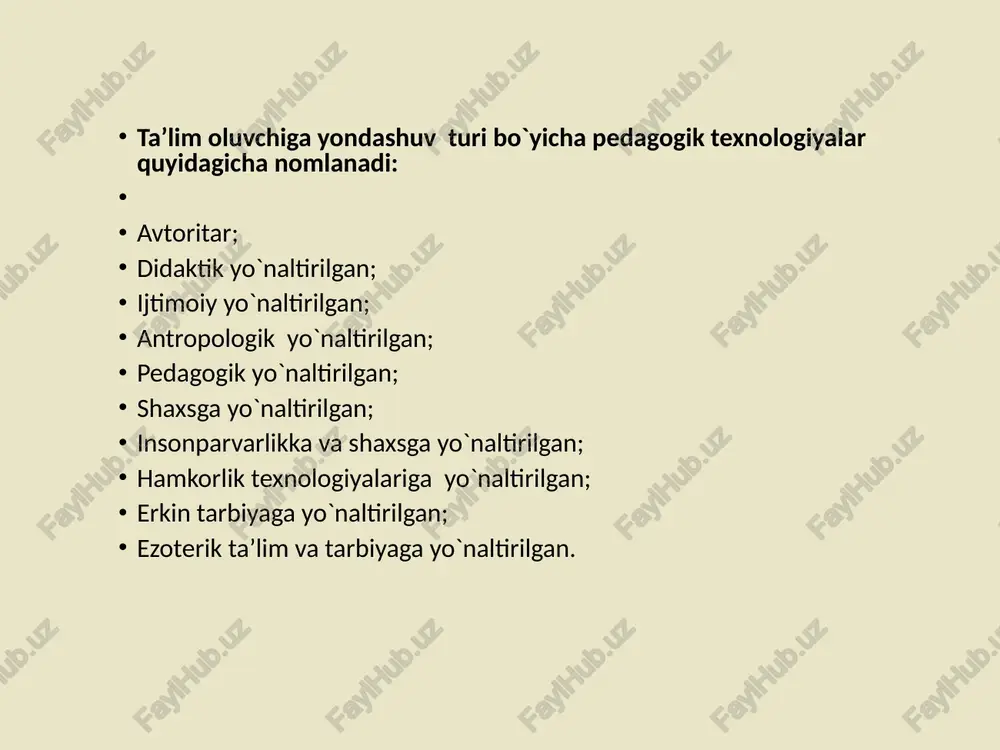 a ko‟rishimiz mumkin: 1. aktiv metod – bu metod talaba yoshlarni dars jarayonida faollashuviga, ma‘lum bir holat va voqelikga nisbatan fikrlashga – mulohza yuritishga undaydi. 2. passiv metod – bu metod dars jarayonida talabalarda o‘rganilayotgan mavzu bo‘yicha bir tomonlama tushuncha xosil bo‘lishiga olib keladi. 3. interaktiv metod – bu metodni maqsadi dars jarayonida o‘qituvchi va talabalarni birgalikdagi faol hatti – harakatlariga asoslanadi dars shaklida innovatsiyani quyidagi ko‟rinishi mavjud: ø a) standart dars – dars ichidagi struktura o‘zgarmaydi. ø b) nostandart dars – dars ichidagi struktura o‘zgaradi. ø v) vertual dars – ya‘ni masofadan o‘qitish. pedagogik yangilik o‘z mohiyatiga ko‘ra ommaviy tajribalar mulki bo‘lib qolishi lozim. pedagogika yangilikni dastlab ayrim o‘qituvchilarning faoliyatiga olib kiriladi. keyingi bosqichda - sinalgandan va ob‘ektiv baho olgandan so‘ng pedagogik yangilik ommaviy tatbiq etishga tavsiya etiladi.. 3.o‟qituvchining innovatsion faoliyatiga nisbatan yondashuvlari: 1.gumanistik aksiologiya – aksiologiyada insonga oliy qadriyat va ijtimoiy taraqqiyotning birdan-bir maqsadi sifatida qaraydi. innovatsion faoliyatga …