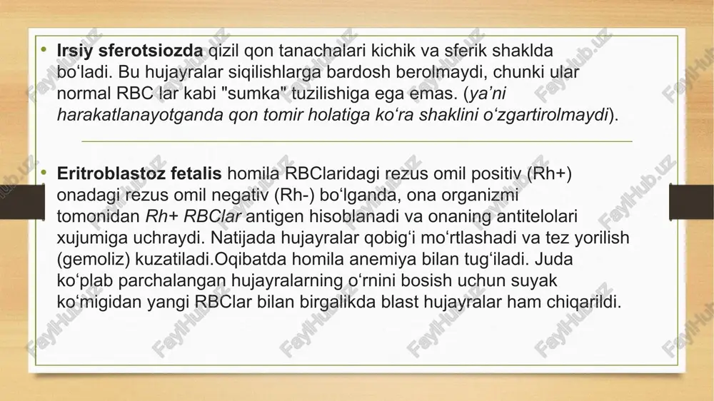 g‘ir hollarda megaloblastik turdagi eritropoez yuzaga kelishi ham mumkin. bunday hollarda qonda makrotsitlar, megalotsitlar va hatto megaloblastlar ham uchrab, qonning rang ko'rsatkichi yuqori bo'ladi. gemolitik anemiyaning turli xil sabablari juda ko'p bo'lgani sababli, har bir odamda turli xil alomatlar bo'lishi mumkin. ammo, gemolitik anemiya bilan og'rigan odamlarda uchraydigan ba'zi bir alomatlar mavjud. gemolitik anemiyaning ba'zi belgilari anemiyaning boshqa shakllari bilan bir xil. ushbu keng tarqalgan alomatlarga quyidagilar kiradi: terining qizarishi charchoq isitma tartibsizlik ochko'zlik bosh aylanishi zaiflik yoki jismoniy faoliyat bilan shug'ullanishning mumkin emasligi gemolitik anemiya bilan kasallangan odamlarda uchraydigan boshqa umumiy belgilar va alomatlar quyidagilarni o'z ichiga oladi: quyuq siydik terining sarg'ayishi va ko'zning oqlari (sariqlik) yuragidan nolish yurak urish tezligi oshdi kattalashgan taloq kattalashgan jigar davolash usullari gemolitik anemiyani davolash usullari quyidagilardan iborat bo'lishi mumkin. qizil qon hujayralarini quyish ivig kortikosteroid kabi immunosupressantlar jarrohlik splenektamiya (og’r hollarda) antibiotklar zaruriyat bulsa profilaktikasi va pragnozi irsiy kasalliklarni oldindan aniqlash infeksiyani …