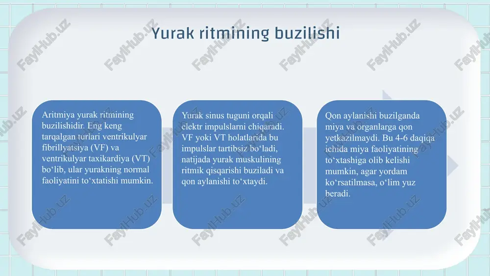 anlash va haftasiga kamida 150 daqiqa jismoniy mashq qilish tavsiya etiladi. stressni boshqarish stress yurak salomatligiga salbiy ta'sir qiladi. stressni kamaytirish uchun meditatsiya, yoga yoki chuqur nafas olish texnikalarini qo‘llash mumkin. bu usullar yurak ritmini barqarorlashtirishga yordam beradi. sog‘lom ovqatlanish yurak salomatligi uchun sog‘lom ovqatlanish zarur. meva va sabzavotlar yurakni himoya qiladi, tuz va shakarni kamaytirish esa xavfni pasaytiradi. yurak uchun foydali oziq-ovqatlar: meva, sabzavot, to‘liq donlar. tuz va shakar iste'molini kamaytirish yurak xavfini kamaytiradi. muhim vitamin va minerallar: omega-3, kaltsiy, kaliy. jismoniy faollikning ahamiyati yurak salomatligi uchun muntazam jismoniy mashqlar yurak salomatligini yaxshilaydi. bu mashqlar yurak mushaklarini mustahkamlaydi va qon aylanishini yaxshilaydi, bu esa yurak xastaliklari va tasodifiy yurakdan o‘lim xavfini kamaytiradi. yurak urish tezligiga ta'siri jismoniy faollik yurak urish tezligini tartibga soladi va yurakning samaradorligini oshiradi. yurak mushaklari kuchli bo‘lganda, yurak qisqarishlari muvozanatli bo‘lib, aritmiya xavfi pasayadi. stressni kamaytirishdagi roli jismoniy faollik stressni kamaytiradi va ruhiy holatni yaxshilaydi. …
