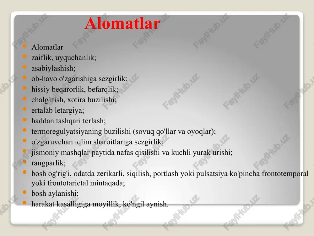 li miqdordagi kislorod qon bilan etkazib berilmaganda paydo bo'ladi, bu esa ushbu hududning shikastlanishiga, zaiflashishiga yoki nekroziga olib keladi. yurak xurujining sabablari garchi yurak hujumlar odatda to'satdan rivojlanadi, yurak shikastlanishi bir necha yil ichida asta-sekin rivojlanishi mumkin. ko'p yurak hujumlar koronar arteriyalarning (yurakni oziqlantiruvchi tomirlar) tiqilib qolishi yoki spazmidan kelib chiqadi. odatda arteriyalar tiqilib qoladi ateroskleroz, yog ' almashinuvi mahsulotlari arteriyalarning ichki devorida to'planib, blyashka hosil qilganda. yurak xurujlari ham natija bo'lishi mumkin tiqilib qolish tor koronar arteriyalarda qon pıhtısı. ko'pincha qon quyqalari arteriya allaqachon aterosklerotik plakatlar bilan toraygan joyda hosil bo'ladi. angina belgilari angina pektorisining asosiy alomati xarakterli xususiyatlarga ega bo'lgan og'riqdir: u paroksismal; tabiatan-bosim, siqish; sternumning yuqori yoki o'rta qismida joylashgan; og'riq chap qo'lga beriladi; og'riq asta-sekin o'sib boradi va nitrogliserinni qabul qilgandan yoki uni keltirib chiqargan sababni bartaraf etgandan keyin tezda to'xtaydi. og'riq hujumini qo'zg'atishi mumkin: tez yurish, zinapoyaga chiqish, og'irlikni ko'tarish; qon bosimining ko'tarilishi; sovuq; katta …