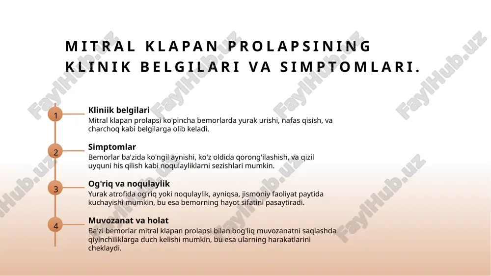 atni yomonlashtirib, bemorlarning yurak xastaliklariga qarshi kurashish qobiliyatini pasaytirishi mumkin. 4 stressni boshqarish stressni samarali boshqarish usullari, masalan, meditatsiya va jismoniy faoliyat, mitral klapan prolapsi bilan bog'liq xavflarni kamaytirishi mumkin. oziqlanish va mitral klapan prolapsi: qanday bog'liqlik mavjud? 1 oziqlanish va sog'liq to'g'ri oziqlanish mitral klapan prolapsini boshqarishga yordam beradi. sog'lom ovqatlar yurak salomatligini qo'llab-quvvatlaydi va simptomlarni engillashtiradi. 2 antioksidantlar roli antioksidantlarga boy oziq-ovqatlar, masalan, mevalar va sabzavotlar, yurakni himoya qiladi. ular oksidlanish jarayonini kamaytirib, mitral klapan faoliyatini yaxshilaydi. 3 tuz va suyuqlik balans tuz iste'molini cheklash mitral klapan prolapsi bilan bog'liq simptomlarni kamaytiradi. suyuqlik qabulini nazorat qilish yurakning ishini yaxshilashga yordam beradi. kasallikning rivojlanishida gender farqlari: erkaklar va ayollar. erkaklar va ayollar erkaklar va ayollar o'rtasida mitral klapan prolapsi ko'rinishida farqlar mavjud. erkaklar ko'proq ta'sirlanadi, lekin ayollarda simptomlar kuchliroq bo'lishi mumkin. genetik omillar genetik omillar erkaklar va ayollarda mitral klapan prolapsining rivojlanishida muhim rol o'ynaydi. ayrim genetik xususiyatlar ayollarda …