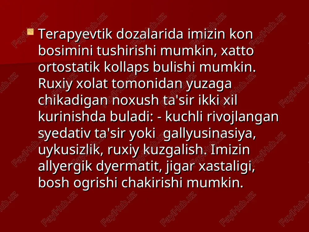 ) yurak-tomir sistyemasiga ta'sir etmaydi. meridil yengil dyepryessiyalarda, astyenik xolatlarda, kuchli tolikishda, nyeyrolyeptiklar ta'sirida mnsning susayganligida kullaniladi. meridilga urganish rivojlanmaydi. uyqusizlik, ateroksklyerozda, styenokardiyada, gipertyeriozda, kuchli darmonsizlanishda meridilni kullab bulmaydi. sidnokarb ta'sir myexanizmi: fyenamindan fark kilib adryenyegik ryesyeptorlarni dofaminyergikka nisbatan kuchlirok kuzgatadi. uning ta'sirida nyeyronal dyepolardan katyexolaminlarni ajralib chikadi. qo’llanishi: umumiy bushashganlik, byefarklik, uykusizlik bilan kyechadigan astyenik xolatlarni, davolashda, yukumli kasalliklar, zaxarlanish va bosh miya travmalarida, astyenik va nyevrostyenik buzilishlarni daf etishda. sidnokarb anksiolitiklar kullanilganda yuzaga chikadigan mioryelaksasiyani daf etadi, bunda ularning tinchlantiruvchi ta'sirini kamaytirmaydi. shuning uchun fyenozyepam va sidnokarbni 1:1,25 yoki 1:2,5 nisbatda qo‘shib kullash mumkin. alkogolizmda sidnokarb astyenonyevrotik ryeaksiyalarni va abstyenyesiya byelgilarini kamaytiradi. kofyein– metil ksantin guruxiga karashli. choy, kofye, kakao tarkibida bo’ladigan alkaloid (taxminan 2%). sintetik yul bilan xam olingan. kofyein mns kuchli kuzgatadi. u bosh miya pustlok kavatida kuzgalishni kuchaytiradi va uni boshkaradi. ta'sir myexanizmi: kofyein fosfodiestyeraza fyermyenti faolligini susaytirib, ayniksa yurak va miyada samfni parchalanishini kamaytiradi, …