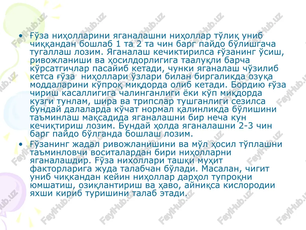 1 o'zpiti samarqand filiali 10 4200 30,4 6 2200 34,3 +3,9 qashqadaryo qashqadaryo «azizkul bobo nabirasi xakim» 10 3750 33,8 6 2600 40,2 +6,4 kasbi «choriev sherqul chorievich» 11 3150 30,7 7 2200 35,2 +4,5 surxandaryo termez «saxiy do'stlik» 11 5200 33,2 4 2000 37,5 +4,3 o'zpiti surxandaryo filiali 10 5300 27,5 4 2700 32,6 +5,1 xorazm urganch «rajab ota jumanov» 8 2200 27,0 3 1100 33,5 +6,5 qqr amudaryo «eshmuradov yolg'osh» 10 3300 27,8 5 1700 34,9 +7,1 o'rtacha 9.9 3610 31,4 5.3 2040 37,4 +6,0 g'o'zani qator oralatib sug'orish usuli g'o'za qator orasiga polietilen plyonka to'shab mulchalab sug'orish usuli g'o'za etishtirishda polietilen plyonka bilan mulchalab sug'orish texnologiyasining iqtisodiy ko'rsatkichlari ko'rsatkichlar nazorat maydoni tajriba maydoni mavsumiy sug'orish me'yori, m3/ga 3610 2040 hosildorlik, ts/ga 31,4 37,4 iqtisod qilingan suv, m3/ga - 1570 qo'shimcha hosil, ts/ga - 6,0 sug'orish suvini samaradorligi, m3/ts 115 54,5 umumiy daromad, mln.sum 1,821 2,169 qo'shimcha hosildan …