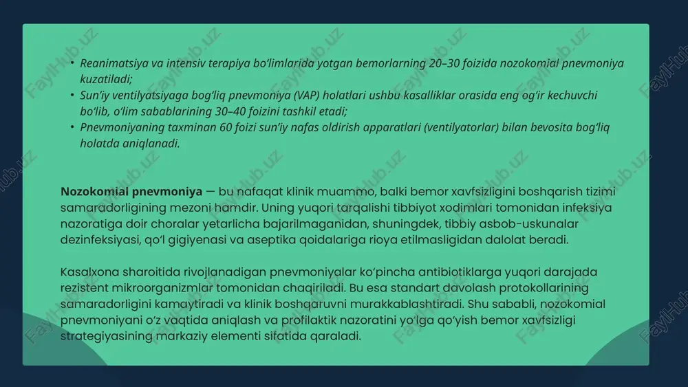 shaxsiy himoya vositalari – qo‘lqop, niqob, xalat va himoya ko‘zoynaklari to‘g‘ri ishlatilishi kerak. • bir martalik asbob-uskunalar (kateter, shprits, niqob) faqat bir bemor uchun ishlatiladi. • ventilyator tizimlari, nebulayzerlar, kislorod ballonlari, aspiratorlar muntazam ravishda dezinfeksiya qilinadi va texnik ko‘rikdan o‘tkaziladi. • sterilizatsiya qoidalari qat’iy nazorat ostida bo‘lishi, autoklav va dezinfeksiya vositalari to‘g‘ri ishlatilishi shart. infeksiya nazorati bo‘yicha har bir bo‘limda mas’ul shaxs tayinlanib, u aseptika va antiseptika qoidalarining bajarilishini muntazam tekshiradi. nafas olish tizimi gigiyenasi nafas yo‘llari tozaligi va mexanik ventilyatsiya jarayonining gigiyenik tashkil etilishi nozokomial pnevmoniyani kamaytirishda muhim ahamiyatga ega. profilaktik choralar: • sun’iy nafas olish trubkasi (intubatsion nay) atrofida mikroblarning ko‘payishini oldini olish uchun bemorning boshi 30–45° burchak ostida baland qilib yotqiziladi. bu aspiratsiya xavfini kamaytiradi. • traxeyal sekretsiyalar doimiy so‘rib olinadi (aspiratsiya), shu bilan mikroorganizmlar to‘planishining oldi olinadi. • og‘iz bo‘shlig‘i har 4–6 soatda xlorheksidin (0,12%) eritmasi bilan tozalanadi. • naychalar, filtrlar va trubkalar zaruratga qarab almashtirilib, …