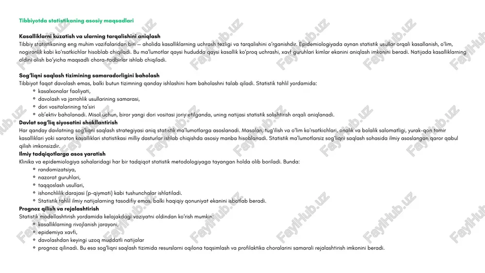 va jamiyatning demografik rivojlanishida muhim rol o‘ynaydi. statistik tug‘ilish ko‘rsatkichlari davlatning demografik siyosatini belgilash, onalik va bolalikni muhofaza qilish dasturlarini ishlab chiqishda asos bo‘lib xizmat qiladi. 4. umr davomiyligi (life expectancy) bu ko‘rsatkich ma’lum mamlakat yoki hududda tug‘ilgan chaqaloqning o‘rtacha necha yil yashashi kutilayotganini ifodalaydi. umr davomiyligi ko‘pincha sog‘liqni saqlash tizimining umumiy samaradorligini, shuningdek, ijtimoiy-iqtisodiy sharoitlarni ham ko‘rsatadi. 5. nogironlik darajasi (disability rate) mehnat qobiliyatini qisman yoki to‘liq yo‘qotgan aholining umumiy aholiga nisbati bilan aniqlanadi. bu ko‘rsatkich nafaqat tibbiy, balki ijtimoiy va iqtisodiy siyosat uchun ham katta ahamiyatga ega, chunki nogironlar soni pensiya, ijtimoiy yordam va reabilitatsiya xizmatlarini rejalashtirishga bevosita ta’sir qiladi. statistik usullarning tibbiyotdagi qo‘llanilishi tibbiyotda statistik usullar kasalliklarning tarqalishini o‘rganish, davolash samaradorligini baholash va sog‘liq siyosatini shakllantirishda keng qo‘llaniladi. statistik metodlar nafaqat raqamlarni hisoblash, balki ularni tahlil qilish va ilmiy asoslangan xulosalar chiqarish imkonini beradi. asosiy qo‘llaniladigan usullar quyidagilardan iborat: 1. deskriptiv statistika (tasviriy tahlil) bu usul yordamida …