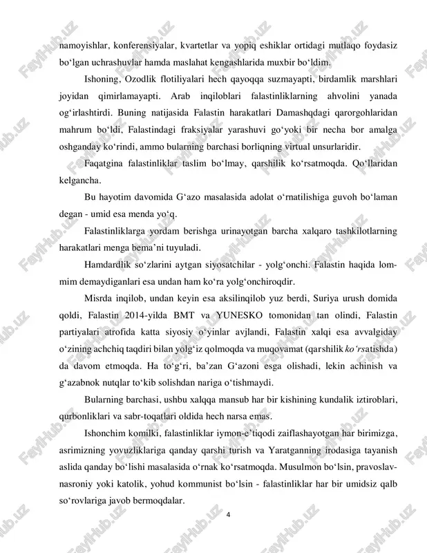 lib, ularning kelib chiqishi haqidagi munozaralar hozirgacha davom etmoqda, ammo ular ilk davrlarda o‘zlarini zamonaviy tushunchadagi xalq (nasiya) deb his qilishmagan. yevropalik yahudiylarning bu yerlarga ko‘chirib keltirilishi arafasida falastin viloyatining aholisi 450 ming kishiga yaqin edi. 1880-yilda aholini ro‘yxatga olgan turklar ularning millatini emas, faqat konfessiyasini qayd etgan. ularning 24 000 tasi yahudiy bo‘lib, aksariyati shaharliklar edi. yahudiylar boshqa qo‘shnilari singari arab va turk tillarida so‘zlashar, aholining qolgan qismi musulmon va nasroniylardan iborat bo‘lgan. aynan yuqorida sanab o‘tilganlarning hammasi zamonaviy tushunchada falastin xalqi bo‘lishlari lozim edi. aholi xursandchiligidan xalqqa (natsiyaga) aylanmaydi. xix asr oxirida sharqiy yevropadan jo‘natilgan kelgindilar mahalliy dehqonlarni o‘z yerlaridan tom ma’noda siqib chiqara boshladilar. kelgindi yahudiylar bilan mahalliy musulmonlar va nasroniylar o‘rtasidagi ziddiyat bmt isroil davlatini e’lon qilgandan so‘ng emas, balki ancha oldin boshlangan edi. xix asrning so‘nggi yigirma yili fellah dehqonlarining yot kelgindilarga qarshi kurashi bilan to‘lib-toshgan edi. 1886, 1889, 1891 va 1898-yillarda fellahlar ishlov berayotgan …