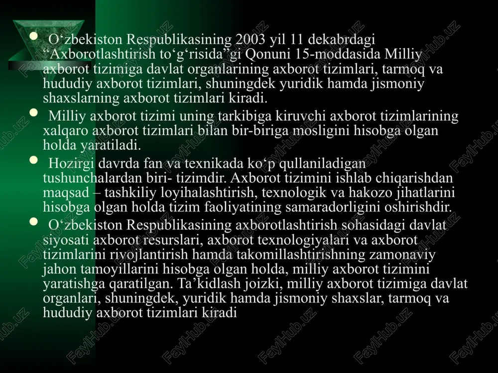 sullaridan biri bo'lib, hozirgi vaqtga qadar bir necha evolyutsion bosqichlarni bosib o'tdi. ana shu bosqichlarga qisqacha to’xtalib o'tamiz. 1-bosqich. xix asrning ikkinchi yarmigacha davom etgan. bo' bosqichda "qo'llik" axborot texnologiya taraqqiy etgan. uning vositasi: pero, siyohdon, kitob. kommunikatsiya, ya'ni aloqa odamdan odamga yoki pochta orqali xat vositasida amalga oshirilgan. 2-bosqich. xix asrning oxiri, unda "mexanik" texnologiya rivoj topgan. uning asosiy vositasi yozuv mashinkasi, arifmometr kabilardan iborat. 3-bosqich. xx asr boshlariga mansub bo'lib, "elektromexanik" texnologiyalar bilan farq qiladi uning asosiy vositalari sifatida telegraf va telefonlardan foydalanilgan. bu bosqichda axborot texnologiyasining maqsadi ham o'zgardi. unda asosiy urg'u axborotni tasvirlash shaklidan, uning mazmunini shaqllantirishga ko'chirildi. 4-bosqich. xx asr o'rtalariga to'g'ri qelib, "elektron" texnologiyalar qo'llanilishi bilan belgilanadi. bu texnologiyalarning asosiy vositasi ehmlar va ular asosida tashkil etiladigan avtomatlashtirilgan boshqarish tizimlari va axborot izlash tizimlaridir. axborot texnologiyasining vujudga kelishi va rivojlanishini belgilovchi ichki va tashqi omillar mavjud. ichki omillar – bu axborotning paydo bo’lishi (yaratilishi), …