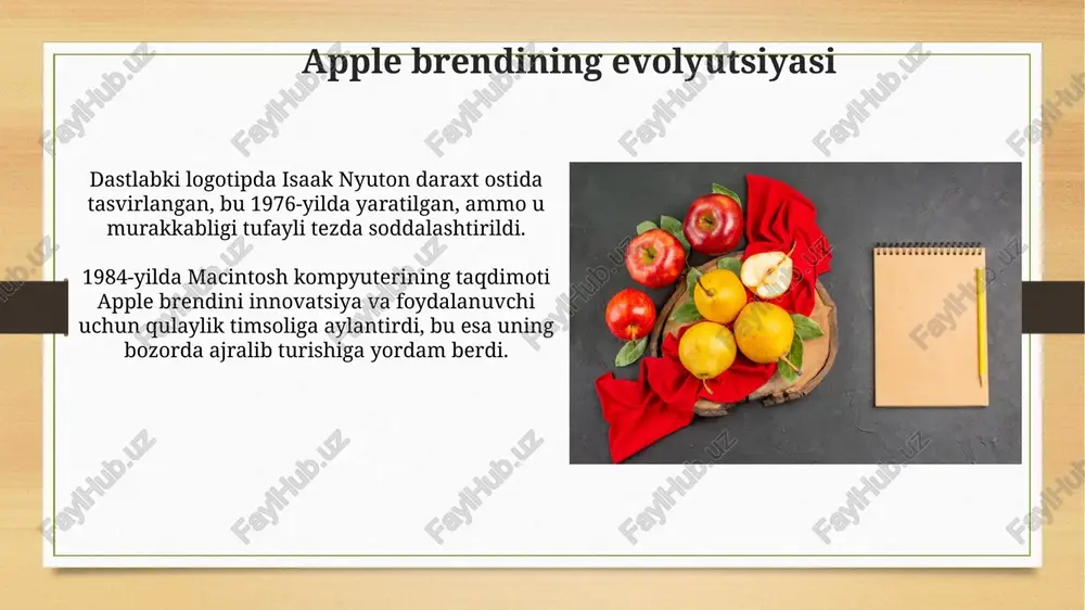 ollargacha tushirilishi iste'molchilar noroziligiga sabab bo'ldi, natijada apple 200 dollarlik kredit taklif qildi. xulosa apple brendi muvaffaqiyatining kaliti soddalikda, innovatsion dizaynda va brendning mustahkam imidjida mujassam. bozor ulushi va mijozlar sodiqligi bu omillar bilan izohlanadi. marketing strategiyasi eksklyuzivlikni yaratishga qaratilgan. apple mahsulotlarini maqom belgisi sifatida ko'rsatadi, bu esa yuqori narxlarni oqlashga yordam beradi va premium segmentda muvaffaqiyatini kafolatlaydi. e'tiboringiz uchun rahmat image8.jpg image9.jpg image10.jpg image11.jpg image12.jpg image13.jpg image14.jpg image15.jpg image16.jpg image17.jpg image18.jpg image19.jpg image20.jpg image21.jpg image22.jpg image23.jpg image3.png image4.png