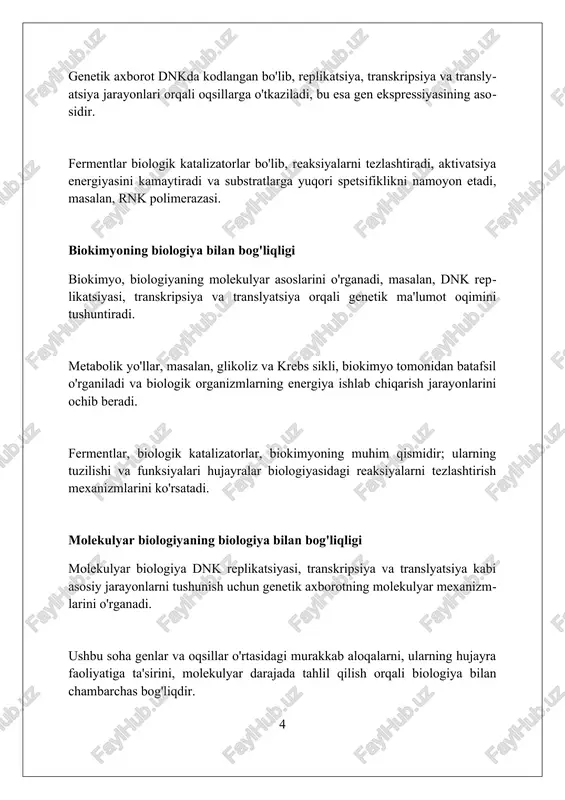 i buzilishlar, masalan, diabet 2 turi kabi holatlar, insulin rezistentligi va glyukoza metabolizmining buzilishiga olib kelib, sog'liq uchun jiddiy oqibatlarga olib kelishi mumkin. enzimlar va ularning katalitik roli fermentlar reaksiyalarni millionlab marta tezlashtiradi, chunki ular aktivlanish energiyasini kamaytiradigan maxsus 3d tuzilishga ega proteinlardir. optimal harorat va ph sharoitlarida fermentlar eng yuqori katalitik faollikka erishadi, aks holda denaturatsiya natijasida faollik yo'qolishi mumkin. katalitik siklda fermentlar substrat bilan bog'lanib, mahsulotni hosil qiladi va qayta foydalanish uchun erkin holatga qaytadi, o'zgarmasdan. biokimyo va molekulyar biologiyaning tibbiyotda qo'llanilishi genetik kasalliklarni tashxislashda pcr (polimeraza zanjiri reaksiyasi) usuli orqali dnkni ko'paytirib, mutatsiyalarni aniqlash orqali erta tashxis qo'yiladi. insulin kabi rekombinant dorilar biotexnologiya yordamida ishlab chiqariladi, bu diabetni davolashda muhim rol o'ynaydi va hayot sifatini yaxshilaydi. saraton kasalligini davolashda molekulyar nishon terapiyasi oqsillarning faolligini bloklaydi, bu esa o'simta o'sishini sekinlashtiradi va nojo'ya ta'sirlarni kamaytiradi. biokimyo va molekulyar biologiyaning qishloq xo'jaligida qo'llanilishi biokimyo va molekulyar biologiya qishloq xo'jaligida …
