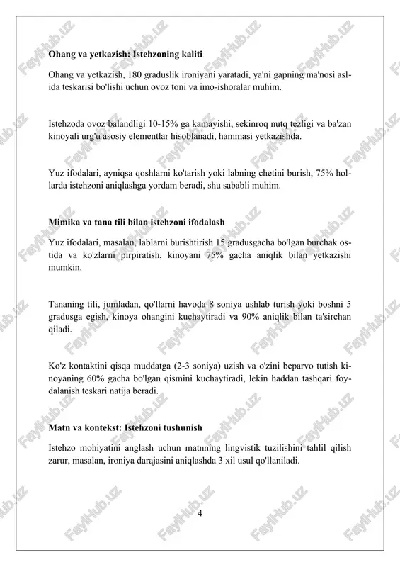 xususiyatni aniq sezishlari mumkin. zamonaviy pyesalarda istehzo zamonaviy pyesalarda istehzo qahramonlarning ichki ziddiyatlarini 2 yoki 3 sahna davomida ochib berish uchun asosiy vosita bo'lib xizmat qiladi. postmodern dramalarda istehzo 1980-yillardan keyin an'anaviy qadriyatlarga qarshi norozilikni ifodalashning asosiy usuli sifatida 4-devorni buzadi. ko'pgina zamonaviy dramalarda istehzo siyosiy va ijtimoiy tanqidning 5-elementi sifatida namoyon bo'lib, tomoshabinlarga 6-hissiyot bilan ta'sir etadi. mashhur sahna aktyorlarining istehzo ustaliklari ba’zi mashhur aktyorlar 19-asr realizmidagi spektakllarda kinoyalarni mohirona ifodalash orqali hissiyotlarini yashirib, chuqur ma’nolarni ochib bergan. 20-asr boshidagi avangard sahnada aktyorlar istehzoni jamiyatning illatlarini fosh etish uchun paradokslar va absurd dialoglar orqali professional tarzda ishlatishgan. stanislavskiy tizimidan foydalangan holda, taniqli aktyorlar istehzoni ichki his-tuyg'ular bilan bog'lab, tomoshabinlarga personajlarning murakkabligini 5 hissiyot orqali namoyish etishgan. sahna mashqlari: istehzo mahoratini oshirish sahna mashqlarida istehzoli nutqning 3 asosiy elementi: ohangni o'zgartirish, ironik iboralarni ishlatish va ta'kidni to'g'ri joylashtirish orqali istehzoni yetkazish mumkin. aktyorlar istehzoli personajlarni yaratishda 5w1h (kim, nima, qachon, …