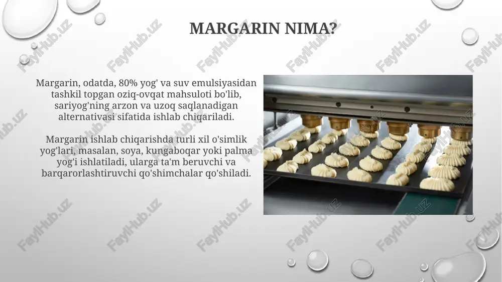 ini oshiradi va erish haroratini nazorat qilish imkonini beradi. saqlash sharoitlari va muddati margarinnning saqlash muddati odatda ishlab chiqarilgan kundan boshlab 3 oydan 12 oygacha o'zgaradi, bu uning tarkibi va qadoqlash turiga bog'liq. margarinnni 0°c dan +5°c gacha bo'lgan haroratda saqlash tavsiya etiladi, bu uning sifatini saqlash va oksidlanish jarayonlarini sekinlashtirish uchun muhimdir. so'nggi tendentsiyalar va innovatsiyalar yangi tendensiya - bu margarinlarda o'simlik oqsillaridan foydalanish, masalan, no'xat oqsili, bu mahsulotning ozuqaviy qiymatini oshiradi va 5-10% ga yog' miqdorini kamaytiradi. 3d bosma texnologiyalari margarinlarning tuzilishini va shaklini moslashtirishga imkon beradi, bu esa iste'molchilar uchun yangi mahsulotlar yaratadi va ishlab chiqarish xarajatlarini 15-20% ga kamaytiradi. xulosa margarin ishlab chiqarish texnologiyasi trans-yog' kislotalari miqdorini kamaytirishga qaratilgan bo'lishi kerak, chunki ular 2% dan ortiq bo'lsa, salomatlikka zarar yetkazishi mumkin. margarin assortimenti xaridorlarning turli ehtiyojlarini qondirish uchun yog'lilik darajasi (39% dan 82% gacha) va funktsional xususiyatlari bo'yicha farqlanadi. e'tiboringiz uchun rahmat image2.png image5.jpg image6.jpg image7.jpg …