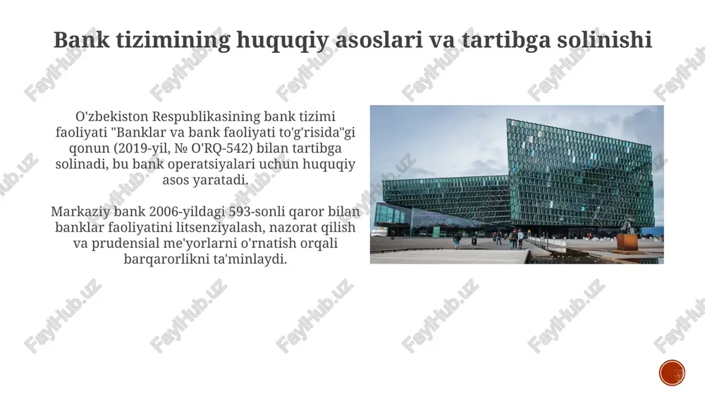 rajatlar 15% ga kamaydi. uzcard va humo to'lov tizimlari integratsiyasi, qr-kodlar orqali to'lovlar hajmini 30% ga oshirdi, bu esa naqd pulsiz operatsiyalarni sezilarli darajada rivojlantirdi. bank tizimining barqarorligini ta'minlash bank tizimining barqarorligi, aktivlar sifatini oshirish, xususan, muammoli kreditlarni 5 foizdan kamaytirish orqali ta'minlanadi. bu, risklarni kamaytiradi va likvidlikni saqlaydi. kapital yetarliligini 17 foizdan yuqori darajada ushlab turish, banklar moliyaviy barqarorligini kafolatlaydi. bu, tashqi ta'sirlarga chidamlilikni oshiradi va investorlar ishonchini mustahkamlaydi. bank xizmatlari va mijozlarga xizmat ko'rsatish bank xizmatlari orasida 24/7 rejimda ishlaydigan mobil ilovalar orqali masofaviy hisob-kitoblar, pul o'tkazmalari va kredit to'lovlari kabi qulay imkoniyatlar mavjud. mijozlarga xizmat ko'rsatish standartlari doirasida banklar, odatda, 15 daqiqadan kam bo'lgan kutish vaqtini ta'minlashga, shuningdek, qo'ng'iroqlarga 30 soniya ichida javob berishga intiladi. bank tizimining rivojlanish istiqbollari 2026-yilgacha raqamli bank infratuzilmasini rivojlantirish, fintech kompaniyalari bilan hamkorlikni kengaytirish orqali bank xizmatlari qamrovini 75% ga yetkazish rejalashtirilgan. bank sektorida xususiy sektor ulushini 60% ga oshirish, kamida 5 …