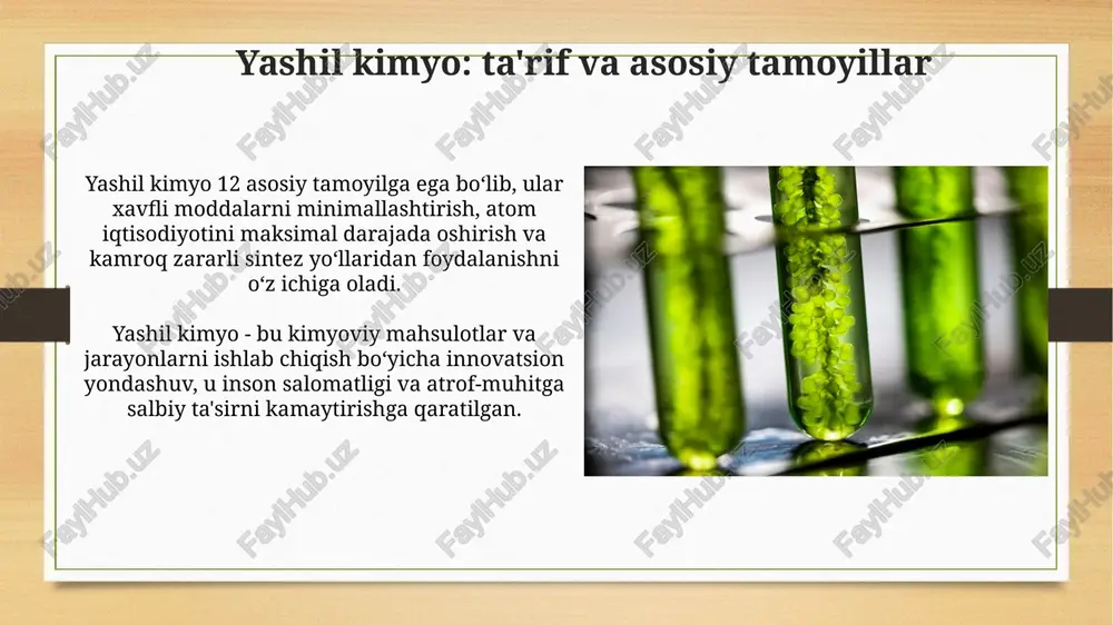 'lgan talabning oshishi yashil kimyo sanoatining rivojlanishiga turtki bo'lmoqda, bozor hajmi 15% ga o'sgan. o'zbekistonda yashil kimyo sanoatini rivojlantirishning iqtisodiy samaradorligi yashil kimyo texnologiyalari chiqindilarni kamaytirib, qayta ishlash xarajatlarini 20-30 foizga qisqartiradi, bu esa korxonalar foydasini oshiradi. qishloq xo'jaligida yashil o'g'itlar va pestitsidlardan foydalanish hosildorlikni 15 foizga oshirishi va tuproq unumdorligini saqlashga yordam beradi. yashil kimyo texnologiyalarini ommalashtirish va targ'ib qilish “yashil kimyo” tamoyillarini joriy etish orqali 12 ta asosiy ekologik muammoni hal etish, atrof-muhitga ta’sirni kamaytirish, barqaror rivojlanishga erishish maqsad qilingan. 2030 yilgacha respublikada kimyo sanoatini modernizatsiya qilish, xususan, “yashil kimyo” texnologiyalari orqali ishlab chiqarish chiqindilarini 15 foizga kamaytirish rejalashtirilgan. yashil kimyo sohasidagi startaplar va innovatsiyalar o'zbekistonda qishloq xo'jaligi chiqindilaridan bio-o'g'itlar ishlab chiqarishga yo'naltirilgan 3 ta startap mavjud bo'lib, ular 20% gacha mineral o'g'itlarga bo'lgan ehtiyojni kamaytirishga qaratilgan. ekologik toza polimerlar ishlab chiqarish bo'yicha startaplar, masalan, paxta sellyulozasidan olinadigan biodegradatsiyalanuvchi plyonkalar 5 yilda 15 million dollarlik bozorni egallashni maqsad …