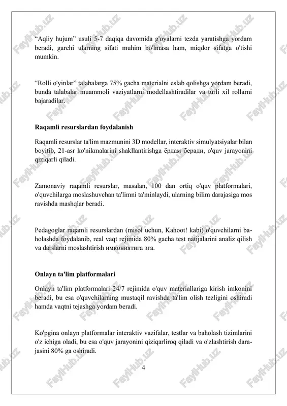 ni jamlash qobiliyatini pasaytirishi mumkin. texnologiyalar o'qituvchilar uchun vaqtni tejaydi, avtomatlashtirish orqali, lekin 10-15% o'qituvchilarning texnologiyani to'liq o'zlashtira olmasligi sababli samarasizlik paydo bo'lishi mumkin. interaktiv o'quv materiallari o'quvchilarning qiziqishini oshiradi, ammo haddan tashqari onlayn resurslarga bog'liqlik haqiqiy dunyo ko'nikmalarini 5-10% kamaytirishi mumkin. texnologiyalarni joriy etishdagi muammolar va ularning yechimlari texnologiyalarni joriy etishda infratuzilma muammosi mavjud: maktablarda tezkor internet va yetarli kompyuterlar yo'qligi. yechim: 3-5 yil ichida davlat-xususiy sheriklik orqali ularni ta'minlash. o'qituvchilarning texnologiyalar bo'yicha malakasi pastligi jiddiy muammo hisoblanadi. yechim: har yili kamida 40 soatlik maxsus kurslar tashkil etish va sertifikatlash tizimini joriy etish. kontentning mos emasligi ham to'siq bo'lishi mumkin. mavjud elektron resurslar o'quv dasturiga 100% mos kelmasligi mumkin. yechim: o'qituvchilarning o'zi uchun moslashuvchan platformalar yaratish. o'qituvchilarning texnologik kompetentligini oshirish o'qituvchilarning texnologik kompetentligini oshirish uchun maxsus 100 soatlik treninglar tashkil etish, unda zamonaviy dasturlar va onlayn resurslardan foydalanish ko'nikmalari o'rgatiladi. ta'lim jarayonida texnologiyalarni qo'llash bo'yicha 5 yillik strategiya ishlab …