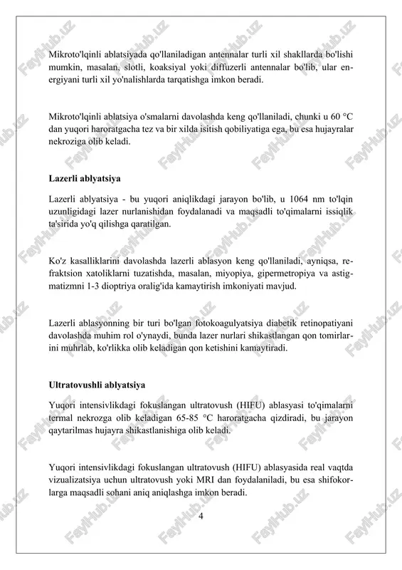 li usullar bilan amalga oshirilishi mumkin, masalan, issiqlik, sovuqlik, elektr yoki mikroto'lqin energiyasi, muolaja davomiyligi esa 5-10 daqiqagacha davom etishi mumkin. endometrial ablasyon homiladorlikni rejalashtirayotgan ayollar uchun tavsiya etilmaydi, chunki u bachadon ichki qatlamini o'zgartiradi va keyinchalik homilador bo'lish qobiliyatiga ta'sir qilishi mumkin. aritmiya ablyatsiyasi aritmiya ablasyasi yurakdagi anormal elektr yo'llarini yo'q qilish uchun kateterlar orqali radiochastotali energiya yetkazib beradi, bu esa ritm buzilishini davolashning invaziv usulidir. ablasiya takroriy supraventrikulyar taxikardiya (svt) bilan og'rigan bemorlarda 90% dan ortiq muvaffaqiyat darajasiga ega va bu farmakologik davolashga nisbatan yaxshi alternativ hisoblanadi. yurak fibrilatsiyasi ablasyasi pulmonar venalarni izolyatsiya qilishni o'z ichiga oladi, bu jarayon atriyal fibrilatsiya xavfini sezilarli darajada kamaytiradi va bemorlarning hayot sifatini yaxshilaydi. o'sma ablyatsiyasi o'sma ablyatsiyasi, asosan, polimer materiallar yoki kompozitlarda qo'llaniladi va lazer yoki elektron nur kabi energiya manbalari orqali materialni yo'qotish jarayonidir. ushbu usulda material atomlari yuqori energiyali fotonlar ta'sirida gaz holatiga o'tadi, ya'ni 10^5 dan 10^8 w/cm^2 …