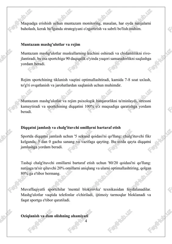 stressni kamaytiradi. smart maqsadlar tizimini qo'llang, ya'ni aniq, o'lchovli, erishish mumkin, real va vaqt bilan chegaralangan maqsadlar qo'yish orqali 25% ko'proq natijaga erishing. har kuni 3 ta qiyin vazifani bajarishga harakat qiling, bu odat miyani mashq qildiradi va kunlik samaradorlikni 30% gacha oshirishi mumkin. o'z-o'zini intizom namunalari: mashhur sportchilar maykl jordan, basketbolda, har kuni ertalab soat 5:00 da mashq qilib, intizom bilan takroriy harakatlar orqali 6 ta nba chempionligiga erishgan. serena uilyams, tennisda, ovqatlanish rejimiga qat'iy rioya qilib, mashg'ulotlarga to'liq e'tibor qaratib, 23 ta grand slam turnirida g'alaba qozongan. kriştianu ronaldu, futbolda, qo'shimcha mashg'ulotlar, sog'lom turmush tarzi va dam olishga e'tibor qaratib, 5 ta oltin to'p sovrinini qo'lga kiritgan. o'z-o'zini intizomsiz bo'lish oqibatlari o'z-o'zini intizomsiz bo'lish sportdagi mashg'ulotlar sonini 50% gacha kamaytirishi, natijada mahorat pasayishiga olib kelishi mumkin. intizomsizlik sportchi jarohat olish xavfini 30% oshiradi, chunki to'g'ri isinish va texnikaga rioya qilmaslik ehtimoli ortadi. musobaqalarda o'z-o'zini intizomga bo'ysundirmaslik, taktik rejalarni …