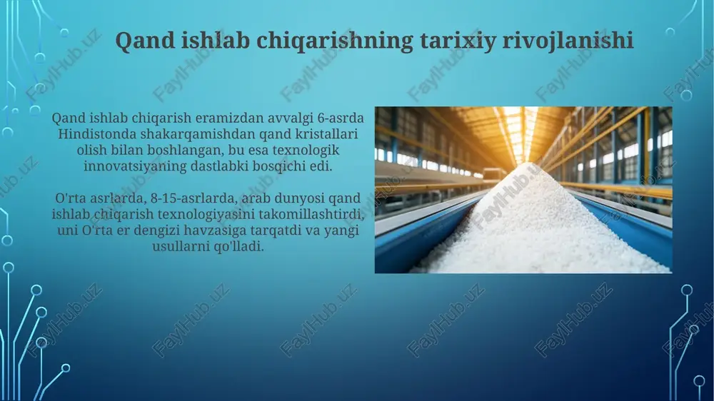 da sifat nazorati jarayonida rang birligi icumsa usuli orqali aniqlanadi, 45 icumsa dan kam bo'lishi shart, shuningdek, loyqaligi 10 iu dan past bo'lishi kerak. polarizatsiya ko'rsatkichi, saxarozaning miqdorini ko'rsatadi, qandning sifati uchun juda muhim, bu ko'rsatkich kamida 99.7 daraja bo'lishi kerak sifat nazorati orqali tekshiriladi. qand ishlab chiqarishning avtomatlashtirilishi qand ishlab chiqarishda avtomatlashtirish, masalan, plc (programmable logic controller) tizimlari yordamida bug'lanish stansiyalari va kristallanish jarayonlarini nazorat qilishda 15-25% energiya tejalishiga olib keladi. sensorlar va ma'lumotlar tahlili (data analytics) orqali qand ishlab chiqarishning avtomatlashtirilgan bosqichlarida jarayon parametrlarini (ph, harorat, qattiq moddalar miqdori) real vaqtda monitoring qilish 10-18% sifatni oshiradi. xulosa xulosa shuni ko'rsatadiki, 95% shakar olish samaradorligiga erishish uchun optimal ekstraksiya harorati 70-75°c oralig'ida bo'lishi kerak. ushbu tadqiqot natijalari shuni ko'rsatdiki, kristallanish jarayonida 0,6-0,8 mm o'lchamdagi urug'lardan foydalanish 88% yuqori shakar hosilini ta'minlaydi. e'tiboringiz uchun rahmat image4.jpg image5.jpg image6.jpg image7.jpg image8.jpg image9.jpg image10.jpg image11.jpg image12.jpg image13.jpg image14.jpg image15.jpg image16.jpg image17.jpg image18.jpg …