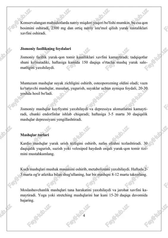 moiy aloqalar ruhiy salomatlik uchun zarur. haftasiga kamida 2 marta do'stlar bilan uchrashish depressiya xavfini 30% ga kamaytiradi. sog'lom turmush tarzi va kasalliklar profilaktikasi to'g'ri ovqatlanish, masalan, kuniga kamida 400 gramm meva va sabzavot iste'mol qilish, yurak-qon tomir kasalliklari xavfini 20% gacha kamaytiradi. doimiy jismoniy faollik, haftasiga 150 daqiqa o'rtacha intensivlikdagi mashqlar, diabetga chalinish ehtimolini 30-40% ga kamaytirishi mumkin. chekishni tashlash va spirtli ichimliklarni me'yorida iste'mol qilish saraton kasalligining bir necha turlariga chalinish xavfini sezilarli darajada kamaytiradi. sog'lom turmush tarzining ijtimoiy jihatlari sog'lom turmush tarzi ijtimoiy qo'llab-quvvatlash guruhlarida o'zaro yordamni rag'batlantiradi, bu esa 30% ga hissiy barqarorlikni oshiradi va stressni kamaytiradi. oilada sog'lom ovqatlanish odatlari 25% ga ortsa, bolalarda ortiqcha vazn muammolari 15% ga kamayadi, bu esa kelajakda ijtimoiy faollikni oshiradi. jamoat joylarida bepul sport tadbirlari va sog'lomlashtirish dasturlari 40% aholining jismoniy faolligini oshirib, ijtimoiy aloqalarni mustahkamlaydi. sog'lom turmush tarzi bo'yicha savollar va javoblar to'g'ri ovqatlanish haftasiga kamida 150 daqiqa …