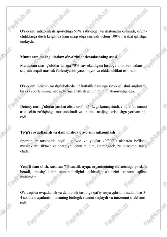 shg'ulotni o'tkazib yuborsangiz, keyingi safar ikki barobar harakat qiling. sportchilarda o'z-o'zini intizomlash bo'yicha namunaviy misollar suzuvchi maykl felps har kuni ertalab soat 5:00 da mashg'ulotlarga borish uchun o'zini majburlagan, bu uning 28 ta olimpiya medalini qo'lga kiritishida muhim rol o'ynagan. basketbolchi maykl jordan har kuni o'z mahoratini oshirish uchun qo'shimcha 2-3 soat shug'ullangan, bu uning 6 ta nba chempionligini yutishiga sabab bo'lgan. tennischi serena uilyams doimo o'z ovqatlanishiga qat'iy rioya qilgan va muntazam ravishda ertalabki yugurish bilan shug'ullangan, natijada 23 ta "katta dubulg'a" turnirlarida g'alaba qozongan. o'z-o'zini intizomlashga to'sqinlik qiladigan omillar va ularni bartaraf etish qiyinchiliklarni oldindan ko'ra olmaslik, maqsadni 100% aniq belgilamaslik, va qiyin vaziyatda b rejasi yo'qligi, sportchining intizomiga salbiy ta'sir qiladi. doimiy chalg'ituvchi omillar, masalan, ijtimoiy tarmoqlarga kuniga 3-4 soat sarflash va telefon o'yinlari, mashg'ulotga e'tiborni yo'qotishga olib kelishi mumkin. motivatsiyaning yetishmasligi, sportdagi muvaffaqiyatsizliklar va 0 ga teng psixologik tayyorgarlik, o'z-o'zini intizomlashga jiddiy to'sqinlik qiladi va sport …