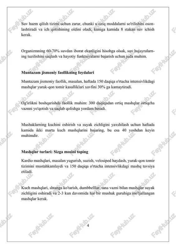 ar kuni 7-8 soat uxlash orqali xotirani 30% yaxshilang va stressni kamaytiring. sog'lom odatlarni saqlash strategiyalari muntazam ravishda 150 daqiqa o'rtacha intensivlikdagi yoki 75 daqiqa yuqori intensivlikdagi jismoniy mashqlar bilan shug'ullanish, kasalliklarni kamaytiradi. kuniga kamida 5 porsiya meva va sabzavot iste'mol qilib, kerakli vitaminlar, minerallar va antioksidantlar bilan ta'minlash muhim. uyqu rejimini saqlash, har kuni taxminan 7-8 soat uxlang, bu gormonal muvozanat va tiklanish jarayonini yaxshilaydi. muammolarni bartaraf etish va maqsadlarga erishish muammolarni hal qilishda '5 whys' texnikasidan foydalaning: asosiy sababni topish uchun kamida besh marta 'nega?' deb so'rang, bu maqsadga erishishni osonlashtiradi. maqsadlarga erishish uchun smart maqsadlaridan foydalaning: aniq (specific), o'lchanadigan (measurable), erishiladigan (achievable), real (relevant) va vaqt bilan cheklangan (time-bound) maqsadlar. muammolarni bartaraf etishda 80/20 qoidasidan foydalaning: 20% harakatlar natijalarning 80% ini beradi, shuning uchun eng muhim muammolarga e'tiborni qarating. sog'lom turmush tarzi bo'yicha xulosalar va maslahatlar kuniga kamida 30 daqiqa jismoniy faoliyat bilan shug'ullanish, masalan, tez yurish, …