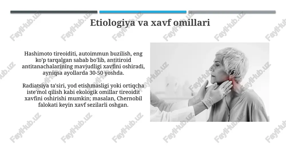 un 600-800 mg dozada qoʻllanilishi mumkin. prognoz tiroidit prognozi koʻpincha tiroiditning aniq turi, masalan, hashimoto tiroiditi yoki de kerven tiroiditiga bogʻliq. ba'zi holatlar vaqt o'tishi bilan o'z-o'zidan yo'qoladi, boshqalari uzoq muddatli davolanishni talab qilishi mumkin. hashimoto tiroiditi kabi surunkali tiroidit ko'pincha gipotiroidizmga olib keladi, bunda qalqonsimon bez etarli miqdorda qalqonsimon bez gormonlarini ishlab chiqarmaydi. bunday hollarda, odatda, qalqonsimon bez gormonlarini almashtirish bilan butun umrlik davolanish zarur. oldini olish oldini olishda selenni iste'mol qilish muhim, chunki u qalqonsimon bez gormonlarini hosil qilishda va antioksidant himoyada ishtirok etadi, dozasini kuniga 55-200 mkg dan oshirmaslik kerak. yodning haddan tashqari iste'moli qalqonsimon bezga salbiy ta'sir ko'rsatishi mumkin, ayniqsa hashimoto tireoiditi kabi autoimmun kasalliklarida. kunlik iste'mol 150 mkg dan oshmasligi lozim. bemorga ta'lim bemorga tireoidit haqida ma'lumot berishda, kasallikning turli shakllari, masalan, xashimoto tireoiditi (autoimmun) va subakut tireoidit haqida tushuntirish muhim. tireoiditda gormonlar darajasini nazorat qilishning ahamiyati, t3 va t4 gormonlari, shuningdek, tsh (tiroidni stimullashtiruvchi …