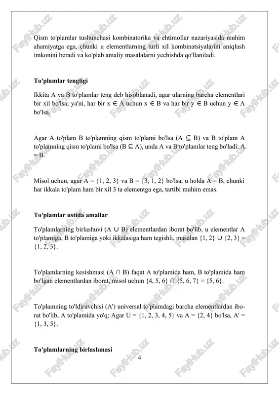 di. bu a'= u - a formula bilan ifodalanadi. to'ldiruvchi to'plamni topishda venn diagrammasidan foydalanish juda qulay usuldir, bunda universal to'plam ichida a to'plamdan tashqari barcha elementlar a to'ldiruvchisi hisoblanadi va vizual ravishda ko'rsatiladi. ven diagrammalari venn diagrammalari to'plamlarning 2 ta yoki 3 ta guruhini vizual tarzda ifodalash uchun ishlatiladi, ular orasidagi umumiy elementlarni qamrab olgan holda, kesishmalar orqali ko'rsatiladi. venn diagrammalarida universal to'plam odatda to'rtburchak bilan belgilanadi, to'plamlarning o'zlari esa doiralar bilan ifodalanadi, bu esa to'plamlararo munosabatlarni aniq aks ettiradi. venn diagrammalari to'plamlarning birlashuvi, kesishishi va ayirmasi kabi amallarni grafik shaklda ko'rsatishga yordam beradi, masalan, a ∪ b yoki a ∩ b. to'plamlar algebrasi qonunlari komutativlik qonuni to'plamlar uchun a ∪ b = b ∪ a va a ∩ b = b ∩ a ekanligini ko'rsatadi, bu to'plamlarning birlashmasi va kesishmasida tartib ahamiyatga ega emasligini anglatadi. distributivlik qonuni a ∪ (b ∩ c) = (a ∪ b) ∩ (a …