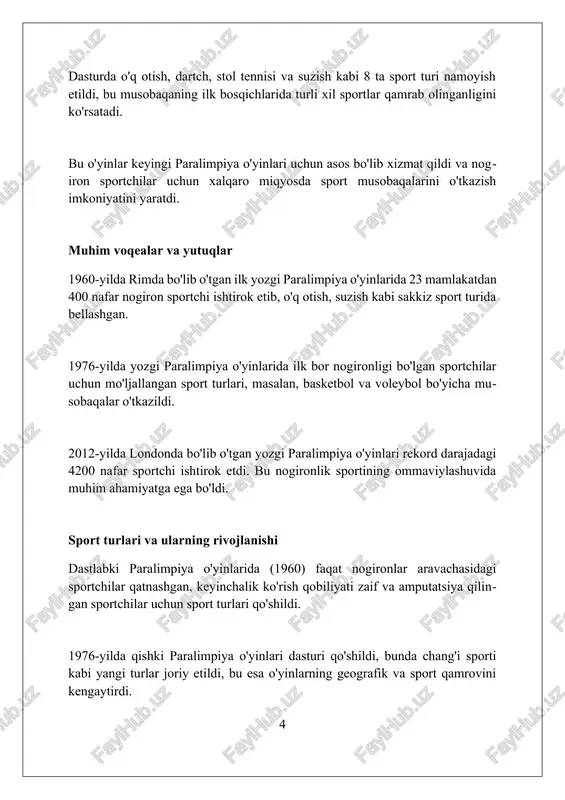 mpiya oʻyinlari dastlab tibbiy olimpia oʻyinlari sifatida tashkil etilganligi sababli, faqat urush faxriylari qatnashishi haqidagi tanqidlar 1960-yillarda kuchaygan. 1980-yillardagi boykotlar siyosiy qiyinchiliklar bilan bogʻliq edi, sovet ittifoqi paralimpiya oʻyinlarini oʻtkazishdan bosh tortdi, chunki ular mamlakatda nogironlar yoʻqligini daʼvo qilishgan edi. klassifikatsiya bahs-munozaralari sportchilarni adolatli tasniflashdagi qiyinchiliklar tufayli yuzaga keladi, baʼzi sportchilar oʻz imkoniyatlaridan ustun boʻlgan toifalarga joylashtirilganlikda ayblangan. paralimpiya harakatining ta'siri paralimpiya harakati jamiyatda nogironligi bo'lgan shaxslarning 20-asr oxiridan boshlab teng huquqlilik va ijtimoiy integratsiyalashuvini erta qabul qilishida muhim rol o'ynadi. sport nogironligi bo'lgan 4,000 dan ortiq sportchilarga o'z qobiliyatlarini namoyish etish va odamlarning imkoniyatlari haqidagi tushunchalarini qayta shakllantirish imkonini beradi, shu bilan stereotiplarni yo'q qiladi. paralimpiya o'yinlari 1960-yildan beri nogiron sportchilar uchun o'ziga xos musobaqa maydonini taqdim etib, butun dunyo bo'ylab inklyuziv sport dasturlarini va siyosatini qo'llab-quvvatlaydi. kelajak tendentsiyalari va innovatsiyalar texnologik yutuqlar, masalan, 3d bosma moslamalar va neyron interfeyslari sportchilar uchun shaxsiylashtirilgan yordam va o'qitishning yangi usullarini taklif …