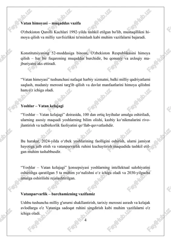kamar, bir yoʻl” loyihasida ishtirok etib, transport va logistika infratuzilmasini rivojlantirish orqali xalqaro savdo aloqalarini mustahkamlamoqda. respublika markaziy osiyoda strategik ahamiyatga ega boʻlib, mintaqaviy barqarorlik va iqtisodiy integratsiyani rivojlantirishga qaratilgan 2022-2026 yillarga mo'ljallangan taraqqiyot strategiyasini amalga oshirmoqda. tinchlik va barqarorlikni asrash barqarorlikni asrash, millatlararo totuvlikni mustahkamlash, diniy bag'rikenglikni targ'ib qilish va ekstremizmning oldini olish bo'yicha kompleks chora-tadbirlarni amalga oshirishni talab etadi. tinchlik va barqarorlikka erishishda fuqarolik jamiyati institutlarining roli katta, ular aholi o'rtasida huquqiy ongni oshirish va ijtimoiy faollikni rag'batlantirishga qaratilgan. tinchlikni saqlash - davlatning siyosiy barqarorligini ta'minlash, ijtimoiy-iqtisodiy rivojlanishni jadallashtirish va 2030 yilgacha barqaror taraqqiyot maqsadlariga erishish uchun muhim omildir. milliy qadriyatlar va ma'naviyat milliy qadriyatlar oilaviy mustahkamlikni ustun qo'yadi, 7 avlodgacha bo'lgan nasl-nasabni hurmat qiladi va oilaviy an'analarni 12 oy davomida saqlash muhimligini ta'kidlaydi. milliy urf-odatlar navro'z kabi 13 xil bayramlarda namoyon bo'ladi, bunda 100 dan ortiq milliy taomlar tayyorlanadi va 50 dan ortiq xalq o'yinlari o'ynaladi. ma'naviyat …