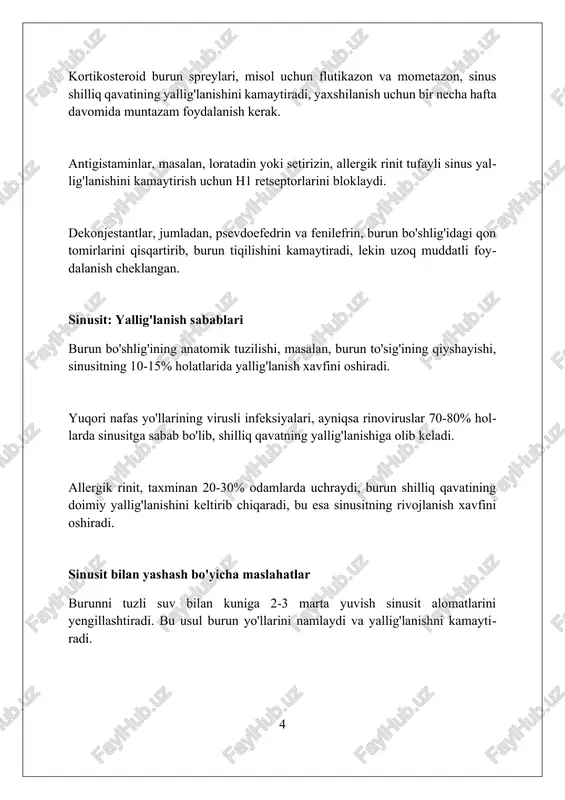 . surunkali sinusit 12 haftadan ortiq davom etadi va bakterial infektsiya, polip, yoki allergiyalar tufayli yuzaga kelishi mumkin, doimiy burun oqishi kuzatiladi. sinusitni davolash: uy sharoitida parvarish nam havoni saqlash muhim: xonada namlikni 40-60% darajada ushlab turish sinus yo'llarini namlaydi, bu esa burun shilliq qavatining quruqlashishini oldini oladi. issiq kompresslar sinusit simptomlarini yengillashtiradi: kuniga 3 marta 10-15 daqiqa davomida yuzga iliq mato qo'yish og'riqni kamaytiradi va burun tiqilishini ochadi. burunni tuzli eritma bilan yuvish sinusitni davolashda muhim: 1 choy qoshiq tuzni 500 ml iliq suvda eritib, kuniga 2-3 marta foydalaning, bu yallig'lanishni kamaytiradi. sinusitning belgilari va alomatlari tana haroratining 38 darajadan oshishi, charchoq va umumiy holsizlik hissi ham sinusitning alomatlari bo'lishi mumkin, ayniqsa o'tkir sinusitda seziladi. burun bitishi va burundan yiringli ajralmalar sinusitning keng tarqalgan alomatidir. ushbu ajralmalar rangi sariq yoki yashil bo'lishi mumkin va ko'pincha 10 kundan ortiq davom etadi. yuzdagi og'riq yoki bosim, ayniqsa burun, ko'zlar yoki peshona …