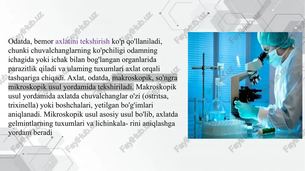 tuxumdan chiqadi, ko'lmak yo'lida rivojlanadi → chumolining tanasida lichinka bosqichlarining rivojlanishi (metatsirkariy) → chumoli hayvon yoki odam yeydi → metatsirkariy ichak devori orqali jigar o't yo'llariga kirib, yillar davomida parazitlik qiladi. mushuk (sibir) so'rg'ichi tuxumlari uzunligi 26-32 mkm, eni 11-15 mkm. tuxumning bir qutbi kengaygan, ikkinchisi tor bo'lib aniq kori nadi. pardasi yupqa, tekis va och sariq rangda. lancet shaklidagi mayda tekis qurtlardir.tana teri-mushak qopchasi bilan qoplangan, bo'shliq yo'q. parazit uy egasining to'qimalariga biriktirilgan ikkita so'rg'ich (og'iz va qorin) mavjud. tuxumlar zaif sarg'ish rangga ega, qovun yuzasiga o'xshash ikki pallali qobiq, birida qopqoq va boshqa qutblarda qalinlashgan. ularning o'lchamlari 0,010-0,019 x 0,023 — 0,034 mm.tuxumlar tuproqda bir oygacha, hojatxonalarda — etti oygacha, qishda havoda — 2-3 kundan ortiq emas, chuchuk suv havzalarida-1,5 yilgacha saqlanadi. keng tasmasimon chuvalchang tuxumlari. ulaming uzunligi 68-71 mkm, eni 45 mkm, rangi - kulrang yoki to'q jigarrang. qutblarining birida qopqoqchasi, ikkinchisida esa do'ngi bo'lishi mumkin. ichida …