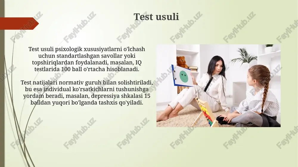 ehtimolini aniqlash va genetik maslahat berish uchun 47 ta xromosoma tahlilini o'tkazadi. kuzatuv usuli "kuzatuv usuli"da xatti-harakatlar protokollari (abc modeli: antecedent, behavior, consequence) qo'llaniladi, bu esa xatti-harakatning sabablari va oqibatlarini chuqur tahlil qilishga imkon beradi. "kuzatuv usuli" 3 yoshdan 6 yoshgacha bo'lgan bolalarning xatti-harakatlarini o'rganishda qo'llaniladi, ularning spontan reaksiyalari va o'zaro munosabatlarini aniqlashga yordam beradi. sotsiometriya usuli ushbu usul 1930-yillarda j. moreno tomonidan yaratilgan bo'lib, guruhning tuzilishini, ya'ni uning 2 ta asosiy ko'rsatkichi: liderlar va tashqarida qolganlarni aniqlashga yordam beradi. sotsiometrik so'rovnomada har bir bolaga 3 ta tanlash imkoniyati beriladi, bu esa guruhdagi ijobiy (do'stlik) va salbiy (yoqtirmaslik) munosabatlarni 1 dan 5 gacha ball orqali baholashga imkon beradi. e'tiboringiz uchun rahmat @taqdimot_robot image2.jpg image3.jpg image4.jpg image5.jpg image6.jpg image7.jpg image8.jpg image9.jpg image10.jpg image11.jpg image12.jpg image13.jpg image14.jpg image15.jpg image16.jpg image17.jpg image18.jpg