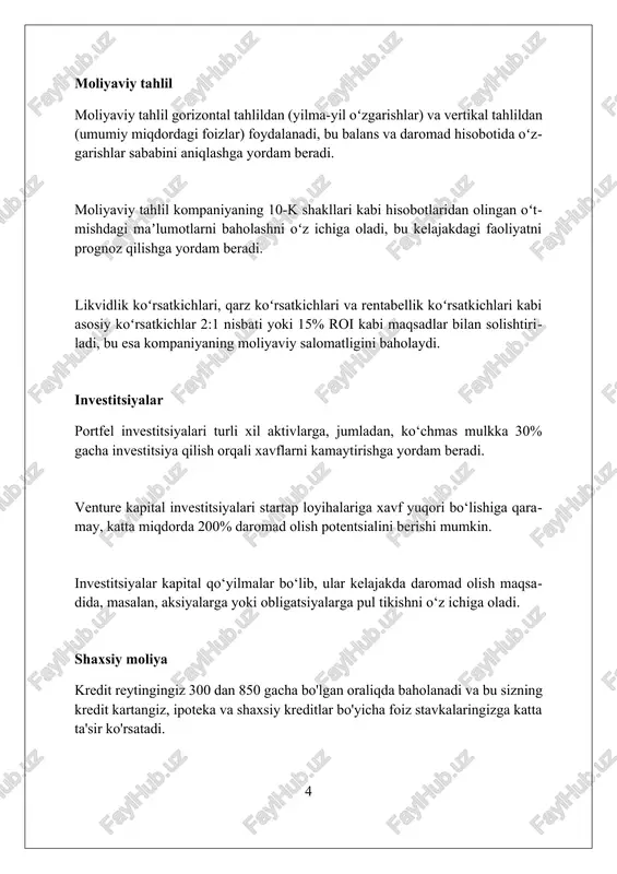 halar aktivlar balansda ko'rsatilgan kompaniyaning resurslaridir va ularning qiymati 1000 so'mdan yuqori bo'lishi mumkin, u kompaniyaning kelajakdagi daromad olish imkoniyatlarini aks ettiradi. majburiyatlar kompaniyaning uchinchi tomonlarga 5000 so'mdan ortiq qarzi bo'lib, ular moliyaviy risklarni baholashda muhim ahamiyatga ega, shu jumladan kreditlar va to'lanmagan hisoblar. kapital, kompaniyaning aktivlaridan majburiyatlarini ayirib tashlagandan so'ng qolgan qismi bo'lib, 10000 so'mdan yuqori bo'lishi mumkin va bu kompaniyaning moliyaviy barqarorligini ko'rsatadi. moliyaga kirish moliya asoslarini o'rganish, masalan, pul oqimini boshqarish, buxgalteriya hisobi va moliyaviy hisobotlarni tahlil qilish orqali shaxsiy va biznes moliyasini optimallashtirishga yordam beradi. aktivlarni taqsimlash strategiyasi, masalan, 60% aktsiyalarga va 40% obligatsiyalarga investitsiya qilish, uzoq muddatli moliyaviy maqsadlarga erishish uchun muhim qadam hisoblanadi. moliya sohasiga kirishda dastlabki kapital muhim, bu sizning investitsiyalar boshlang'ich nuqtasi bo'lib, uni diversifikatsiya qilish orqali xavflarni kamaytirish mumkin. moliyaviy etik va qonunchilik pul yuvishga qarshi kurash bo‘yicha qonunchilik (aml) banklar va moliyaviy institutlarni 10 000 aqsh dollaridan ortiq shubhali operatsiyalar …