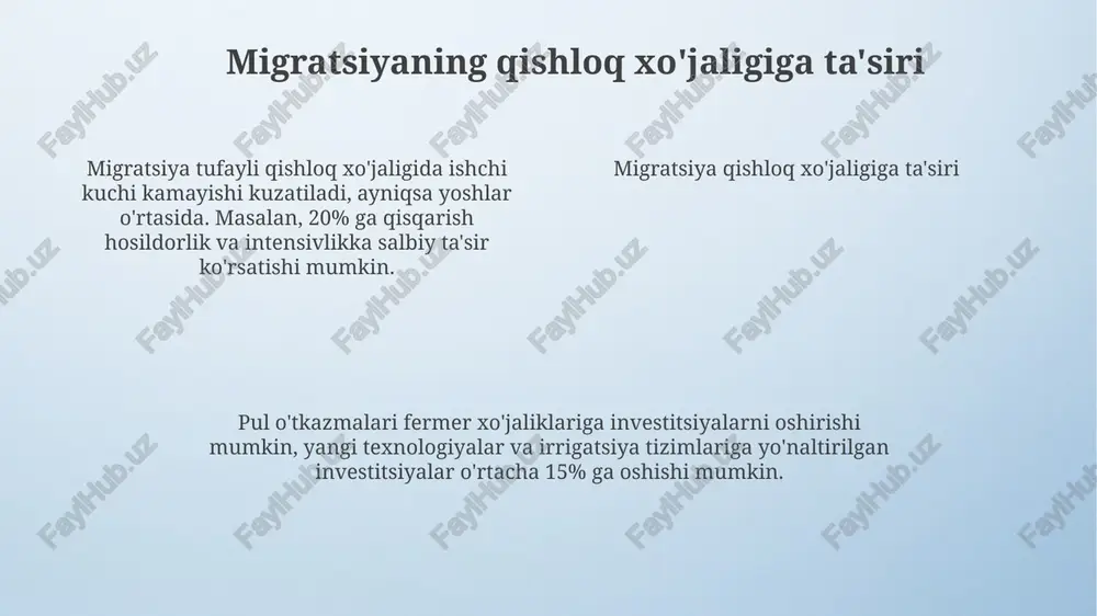 tli migratsiya tajribalari irlandiya 1990-yillardan boshlab yuqori malakali migratsiyani jalb qilib, it va farmatsevtika kabi sohalarda 10% dan ortiq o'sishga erishdi. bu esa innovatsiyalar va eksport salohiyatini oshirdi. muvaffaqiyatli migratsiya tajribalari germaniya 1960-yillarda "mehmon ishchilar" dasturi orqali iqtisodiyotini rivojlantirdi. ushbu dasturda turkiya kabi davlatlardan kelgan millionlab ishchilar germaniya iqtisodiyotiga katta hissa qo'shgan. sanoat rivojlanishi va migratsiya aloqalari migratsiya hisobiga ishchi kuchi ortishi sanoat korxonalarida 10-15% gacha mahsulot ishlab chiqarish hajmini oshirishi mumkin, bu esa yaim o'sishiga ta'sir qiladi. migrantlarning pul o'tkazmalari, masalan, 2023-yilda 7 milliard aqsh dollarini tashkil etgan, sanoatga investitsiyalar oqimini rag'batlantirib, texnologik modernizatsiyaga yordam beradi. migrantlarning pul o'tkazmalari, masalan, 2023-yilda 7 milliard aqsh dollarini tashkil etgan, sanoatga investitsiyalar oqimini rag'batlantirib, texnologik modernizatsiyaga yordam beradi. iqtisodiy o'sishning asosiy ko'rsatkichlari iqtisodiy o'sishning asosiy ko'rsatkichlari inflyatsiya darajasi iste'mol narxlari indeksining yillik o'zgarishi orqali o'lchanadi. 2-3% inflyatsiya iqtisodiy o'sish uchun optimal, lekin 10% dan yuqori zararli hisoblanadi. ishsizlik darajasi, odatda foizlarda ifodalanadi. …