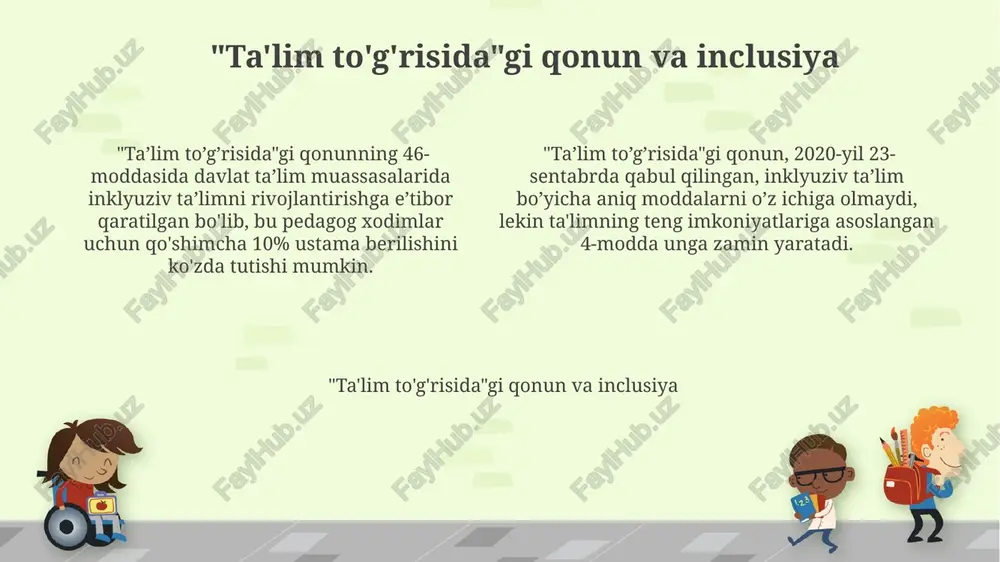 latlaydi. inclusiv ta'limning huquqiy va me'yoriy asoslari informatia nogironligi bo'lgan shaxslarning huquqlari to'g'risidagi konvensiya (2006), o'zbekiston tomonidan ratifikatsiya qilingan. ushbu konvensiya inklyuziv ta'limni amalga oshirishda muhim xalqaro standart hisoblanadi. o'zbekiston respublikasining "ta'lim to'g'risida"gi qonuni, 2020-yil 23-sentabrda qabul qilingan 637-sonli qonun, inklyuziv ta'limning konstitutsiyaviy asosidir va barcha bolalar uchun ta'lim olish huquqini belgilaydi. e'tiboringiz uchun rahmat @taqdimot_robot image1.png