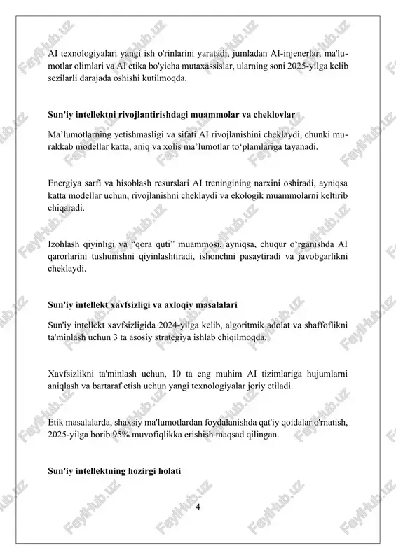 di, bu esa his-tuyg'ularni tushunish va ularga javob berish qobiliyatini oshiradi, 2040-yilgacha keng tarqalishi kutilmoqda. xulosa sun'iy intellekt kelajagi katta imkoniyatlar va xavflarni o'z ichiga oladi, insoniyat esa bu texnologiyani mas'uliyat bilan boshqarishi kerak. foydalanilgan adabiyotlar 1. anderson, j. (2023). sun'iy intellektning kelajagi: imkoniyatlar va xavflar. texnologiya istiqbollari jurnali, 42(3), 215-230. 2. buchanan, m. (2022). sun'iy intellekt va jamiyat: etika, mas'uliyat va boshqaruv. ilmiy axborot, 187(8462), 123-128. 3. choy, x., va kim, s. (2024) 2