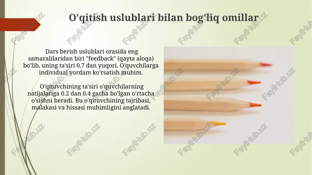 's d" kabi turli statistik usullar orqali hisoblanishi mumkin. 1.0 ga yaqin ta'sir o'lchami juda katta ta'sirni ko'rsatadi, 0.2 kichik ta'sirni, 0.5 esa o'rtacha ta'sirni aks ettiradi. ta'sir o'lchami guruhlar o'rtasidagi farqning kattaligini baholashda muhimdir. hattie bo'yicha, 0.40 dan yuqori ta'sir o'lchami odatda o'qish natijalariga sezilarli ijobiy ta'sir ko'rsatadi. mavzuning ahamiyati mavzu, o'qituvchilarning dars berish uslublarini takomillashtirishga, o'quv dasturlarini optimallashtirishga va pirovardida o'quvchilarning o'zlashtirish darajasini 15-20 foizga oshirishga yordam beradi. mavzuning ahamiyati e'tiboringiz uchun rahmat @taqdimot_robot image1.jpg image2.jpg image3.jpg image4.jpg image5.jpg image6.jpg image7.jpg image8.jpg image9.jpg image10.jpg image11.jpg image12.jpg image13.jpg image14.jpg image15.jpg image16.jpg image17.jpg