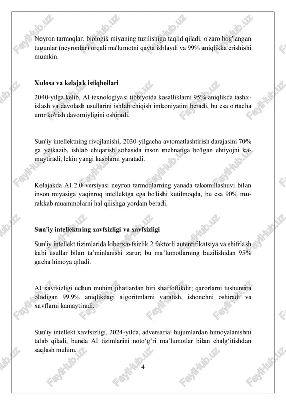 kasalliklarni aniqlash va davolash imkoniyatlarini kengaytiradi. telemeditsinada ai chatbotlari 24/7 bemorlarga yordam berib, oddiy savollarga javob beradi va shifokorlar ish yukini 30% ga kamaytiradi. sun'iy intellektning hozirgi holati bugungi kunda ai tadqiqotlari ko'proq umumiy ai (agi) ga qaratilgan bo'lib, bu inson kabi aqlga ega bo'lishi va har qanday intellektual vazifani bajarishi mumkin bo'lgan ai yaratishni maqsad qiladi. hozirgi ai modellari, masalan, gpt-4, juda katta miqdordagi ma'lumotlar yordamida o'rgatilgan va murakkab vazifalarni, jumladan, matn yaratishni bajara oladi. ai sohasida avtomatlashtirish, sog'liqni saqlash va moliyaviy xizmatlar kabi turli sohalarda foydalaniladigan mashina o'rganish algoritmlari tobora ommalashib bormoqda. robototexnika va avtomatlashtirish avtomatlashtirilgan tizimlar 2030 yilga kelib ishlab chiqarish samaradorligini 40% ga oshirishi kutilmoqda, bu esa yuqori darajadagi optimallashtirishni ta'minlaydi. robototexnika va avtomatlashtirishdagi kelajak sun'iy intellektga asoslangan moslashuvchan tizimlarni o'z ichiga oladi, ular noaniqliklarga 90% aniqlikda javob bera oladi. kelajakda robotlar va sun'iy intellekt texnologiyalari tibbiyotda 75% gacha aniqlik bilan diagnostika va davolash usullarini takomillashtirishga …