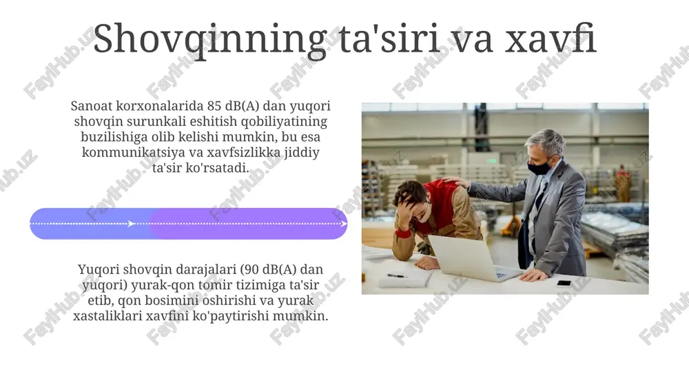sh tekshiruvlari ish beruvchi, 2023-yilgi yangi qonunchilikka muvofiq, xodimlarning sog'lig'ini muntazam tekshirishni tashkil etishi shart, tekshiruvlar soni ish sharoitlari va kasb xavflariga bog'liq. sog'liqni saqlash tekshiruvlari ishchilarning salomatligini baholash uchun o'tkaziladi, 037-sonli buyruq bo'yicha, bu ularning mehnat faoliyati davomida kasbiy xavflarga duchor bo'lishini aniqlashga yordam beradi. shovqinni kamaytirish bo'yicha iqtisodiy baho shovqinni kamaytirishga sarflangan 100 million so'm investitsiya, ishchilarning mehnat unumdorligini 15% ga oshirib, yillik foydani 20 million so'mga ko'paytirishi mumkin. shovqin darajasini 85 db dan 75 db ga tushirish uchun uskunalarni yangilash xarajatlari 50 million so'm bo'lsa, ishchilarning kasallik ta'tillari 25% ga kamayadi. xulosa va tavsiyalar korxonalarda shovqinni kamaytirish uchun individual himoya vositalaridan (masalan, shovqinni o'tkazmaydigan quloqchinlar, e-a-r 3m) foydalanish, 85 db dan yuqori shovqin darajasida majburiydir. shovqin manbalarini izolyatsiya qilish orqali, masalan, vibratsiyani so'ndiruvchi materiallar (rezina, kauchuk, polimerlar) yordamida, shovqin darajasini 5-10 db gacha pasaytirish mumkin. e'tiboringiz uchun rahmat image4.png image5.jpg image6.jpg image7.jpg image8.jpg image9.jpg image10.jpg image11.jpg image12.jpg …