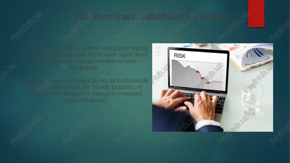 0-40% qismini beqarorlashtiradi va eroziyaga moyilligini oshiradi. bu 15% ga qadar o'simlik qoplamini yo'q qilishi mumkin. eroziyaning oldini olish usullari erozioning oldini olish uchun o'rmonlarni tiklash muhim. daraxtlarning ildizlari tuproqni ushlab turadi, shamol va suvning eroziya ta'sirini 50% gacha kamaytiradi. agrotexnik tadbirlar, masalan, kontur haydash va pog'onali ekin ekish, suv oqimini kamaytirib, tuproqning 30-40% eroziyaga chidamliligini oshiradi. xulosa xulosa shuni ko'rsatadiki, tuproq eroziyasi 25-40% qishloq xo'jaligi mahsuldorligining pasayishiga olib keladi, bu esa oziq-ovqat xavfsizligiga jiddiy ta'sir qiladi. eroziyaning oldini olish uchun 3 ta asosiy strategiya mavjud: o'simlik qoplamini saqlash, tuproq tuzilishini yaxshilash va suv oqimini nazorat qilish usullarini qo'llash. e'tiboringiz uchun rahmat image6.png image7.jpg image8.jpg image9.jpg image10.jpg image11.jpg image12.jpg image13.jpg image14.jpg image15.jpg image16.jpg image17.jpg image18.jpg image19.jpg image20.jpg image21.jpg image22.jpg image23.jpg image1.png image2.png image3.png image4.png