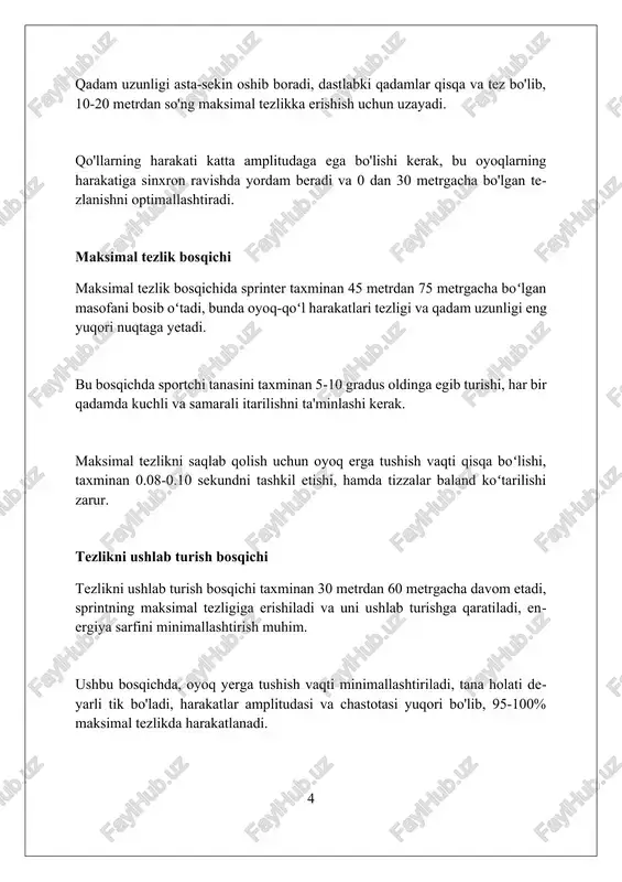 iqish, masalan, oyoq yoki qo'l bilan, qoidabuzarlik hisoblanadi va agar bu birinchi xato bo'lsa, ogohlantirishga olib keladi. sportchi start signali berilishidan oldin harakat qilsa, bu noto'g'ri start deb hisoblanadi. 0.1 soniyadan kam vaqt ichida reaksiya vaqti noto'g'ri startga olib keladi. ikki noto'g'ri startdan so'ng (ilgari bitta edi), sportchi diskvalifikatsiya qilinadi. start bloki bilan manipulyatsiya qilish, startga ta'sir qilsa, noto'g'ri startga sabab bo'lishi mumkin. mashqlar va drillar tezlanish mashqlari 30-50 metr masofaga yugurishni o'z ichiga oladi, bu yerda sportchi asta-sekin tezlikni oshiradi, to'g'ri tananing holatini saqlab, optimal qadam chastotasiga e'tibor beradi. qadam uzunligini oshirish uchun o'tkaziladigan maxsus drillarga sakrash mashqlari kiradi, bunda 5-7 ta sakrash bilan qadam uzunligini oshirishga, muvozanatni saqlashga hamda kuchni o'lchashga e'tibor qaratiladi. start texnikasini takomillashtirish uchun 3-4 nuqtali start mashqlari qo'llaniladi, bunda sportchi optimal holatda joylashadi va start signali berilganda maksimal kuch bilan harakatni boshlaydi. xavfsizlik choralari yugurish mashqlaridan oldin barcha sportchilar tana haroratini oshirish va mushaklarni …