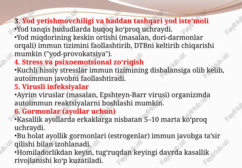 batlantirilishi ↓ t3 va t4 ishlab chiqarilishi ortadi ↓ tirotoksikoz (metabolik va vegetativ buzilishlar) ↓ tsh sekretsiyasi pasayadi (negativ feedback) ↓ ekzoftalm, miksedema (ekstra-tireoidal belgilar) klinikasi 1. umumiy (metabolik) belgilari vazn yo‘qotish (ishtaha yaxshi bo‘lsa ham) issiqsevarlik: issiqka toqat qilmaslik, terlash teri: iliq, nam, elastikligi ortgan tana harorati: baʼzan subfebril muskul zaifligi (xususan son mushaklarida, “mushakli asteniya”) 2. yurak-qon tomir tizimi tachikardiya (hatto tinch holatda ham, ko‘pincha 100–140/min) yurak urishi sezilishi (palpitatsiya) arterial gipertenziya (sistolik bosim ko‘tarilishi, diastolik pasayishi) yurak aritmiyalari (ekstrasistoliya, fibrillyatsiya) yurak yetishmovchiligi (og‘ir va uzoq davom etganda) 3. nerv tizimi va psixika asabiylik, bezovtalik, qo‘zg‘aluvchanlik uyqusizlik qo‘l-oyoq titrashi (mayda tremor) emotsional labilitet (tez yig‘lash, jahldorlik) baʼzan depressiya yoki psixozlar 4. ko‘z belgilari (oftalmopatiya) egzoftalm (ko‘zlarning oldinga chiqishi) ko‘z qovoqlari orqasida og‘riq, qusurlangan ko‘z yumuqligi graefe simptomi — ko‘z pastga qaraganda yuqori qovoq orqada qoladi stellwag simptomi — kam pirpirash dalrymple simptomi — yuqori qovoq keng ochilgan, “hayratlangan …