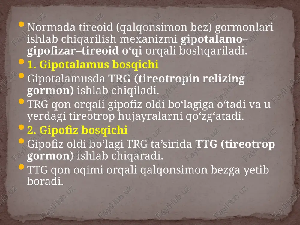 i ko‘proq ushlab turadi. 7. asab tizimidagi o‘zgarishlar neyronlarda energiya almashinuvi pasayadi. miyelin sintezi buziladi → sekin fikrlash, unutuvchanlik, uyquchanlik, depressiya. bolalarda – kretinizm (aql va jismoniy rivojlanishning orqada qolishi). 8. yurak-qon tomir tizimi na⁺/k⁺ nasosining faoliyati pasayadi → miokard kontraktiligi kamayadi. bradikardiya, yurak chiqishi hajmi pasayishi. perikardda suyuqlik to‘planishi (perikardial efüziya). 9. gipotireozga xos asosiy patogenetik belgi umumiy metabolizmning pasayishi + mukopolisaxaridlarning to‘planishi → miksidema. klinikasi qalqonsimon bez gormonlari yetishmasligi tufayli umumiy metabolizm pasayadi, shuning uchun klinik belgilar deyarli barcha tizimlarda namoyon bo‘ladi. umumiy belgilar holzizlik, tez charchash uyquchanlik, sustlik, sekin fikrlash sovuqsevarlik (issiqlikka toqat qilmaslik) vazn ortishi (ishtaha kamaygan bo‘lsa ham) quruq teri, mo‘rt tirnoqlar, to‘kiluvchan sochlar shishlar (miksidema) – yuzda, qo‘l-oyoqda, til va labda, bosilganda chuqur iz qoldirmaydi. teri va soch teri quruq, sovuq, shishgan. soch mo‘rtlashadi, to‘kiladi (ayniqsa qoshning tashqi qismi – hertog belgisi). teri rangpar yoki sarg‘ish (karotin to‘planishi sababli). asab-ruhiy tizim xotira pasayishi, diqqat …