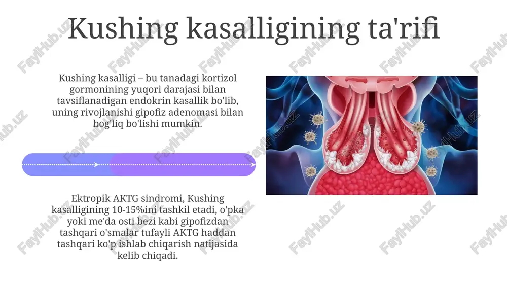 minimallashtirishga bog'liq. profilaktika cushing kasalligining profilaktikasi stressni boshqarishni o'z ichiga oladi, bu kortizolning ortiqcha ishlab chiqarilishiga olib keladigan surunkali stressning ta'sirini kamaytirish uchun 8 soatlik uyquni ta'minlaydi. agar kortizol darajasini oshirishi mumkin bo'lgan dori-darmonlar, masalan, 10 mg dan yuqori dozalarda kortikosteroidlar qabul qilinsa, shifokor bilan muqobil davolash rejalarini muhokama qiling, dozani asta-sekin kamaytiring. xulosa xulosa shuni koʻrsatadiki, cushing kasalligini 24 soatlik siydik kortizoli tekshiruvi va past dozali deksametazon bilan bostirish testi orqali aniqlash juda muhim. cushing kasalligida gipofiz bezi adenomasi acth ishlab chiqaradi; mri tekshiruvi oʻsimta hajmini aniqlashda va jarrohlik muolajani rejalashtirishda muhim rol oʻynaydi. e'tiboringiz uchun rahmat image5.jpg image6.jpg image7.jpg image8.jpg image9.jpg image10.jpg image11.jpg image12.jpg image13.jpg image14.jpg image15.jpg image16.jpg image17.jpg image18.jpg image19.jpg image20.jpg image21.jpg image1.jpeg image2.jpeg image3.jpeg