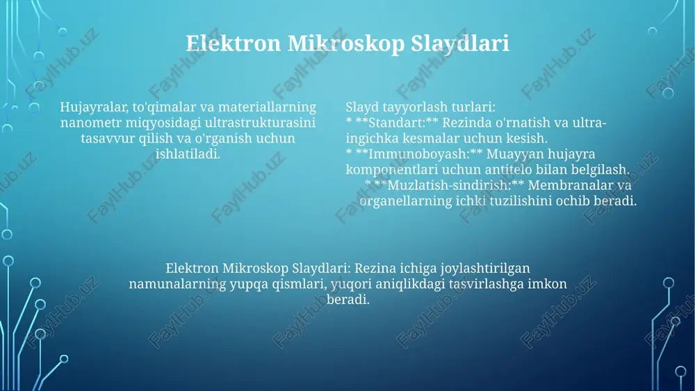 mo ular ushbu maqsadlar uchun boshqa slayd tayyorlash texnikalari kabi keng tarqalmagan. ho'l preparatlar bakteriya, protozoa va suv o'tlari kabi tirik organizmlarni kuzatish uchun keng qo'llaniladi, chunki ular namunani tabiiy holatda ko'rish imkonini beradi. ho'l preparatlar bakteriya, protozoa va suv o'tlari kabi tirik organizmlarni kuzatish uchun keng qo'llaniladi, chunki ular namunani tabiiy holatda ko'rish imkonini beradi. suyak ko'migi aspirasyonlari to'g'ridan-to'g'ri surtish: suyak iligi slaydga to'g'ridan-to'g'ri yoyiladi, havo quritiladi va bo'yalgan. qon ivitimlarini kesish: suyak iligi ivishga ruxsat etiladi, so'ngra kesiladi va bo'yaladi. suyak iligi preparati: oz miqdorda suyak iligi toza slaydga yumshoq bosib, havoda quritilgan va bo'yalgan. gistokimyoviy slaydlar muzlatilgan kesmalar tez muzlatilgan va tilimlanadi, ferment faolligi va boshqa beqaror komponentlarni saqlab qoladi, parafinli kesmalar esa suvsizlantiriladi, mumga o'rnatilgan va doimiy saqlash uchun tilimlanadi. gistokimyoviy slaydlar, muayyan molekulalar yoki hujayra tuzilmalarining joylashuvini va taqsimlanishini ko'rsatish uchun bo'yalgan to'qima kesmalaridir. slayd tayyorlash turlari quyidagilarni o'z ichiga oladi: muzlatilgan kesmalar, parafin-kirishtirilgan kesmalar …