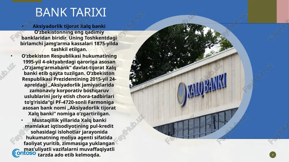 h dollari miqdorida kredit olindi; 9. „deutsche bank“dan 150 mln aqsh dollari miqdorida kredit olindi. joriy yilda bank tomonidan quyidagi xorijiy kredit liniyalarni jalb qilish bo‘yicha ishlar olib borildi. jumladan; — „raiffeisen bank international ag“ (avstriya) banki bilan 1 aprelda loyihalarni moliyalashtirish doirasida qiymati 50 mln yevro miqdoridagi bosh kelishuv imzolandi. (60 mln aqsh doll. ekv.) mazkur mablag‘lar hisobidan jami 11 mln. aqsh dollar miqdoridagi nooziq-ovqat sanoat sohasidagi loyihalar moliyalashtirildi. — pjsc „sovcombank“ (rossiya) banki bilan 6 aprelda milliy valyutada 419 mlrd. so‘m miqdorida mablag‘ olish bo‘yicha 4 yillik kredit shartnomasi imzolandi. (40 mln aqsh doll. ekv.) jalb qilingan mablag‘ filiallar tomonidan savdo va chakana kreditlar uchun ajratilmoqda. ijtimoiy tarmoqlar 🌐 sayt: www.xb.uz 👉 telegram: http://t.me/xalqbankinfo 👉 facebook: http://fb.com/xalqbankinfo 👉 vkontakte: https://vk.com/xalqbankinfo 👉 mover: https://mover.uz/profile/xalqbankinfo 👉 twitter: https://twitter.com/xalqbankinfo 👉 call-center: +99871 210 20 02, 11-06 17 flora@contoso.com http://www.contoso.com/ spasibo 18 xalq banki 19 e’tiboringiz uchun rahmat 19 image3.png image9.jpg image4.png …
