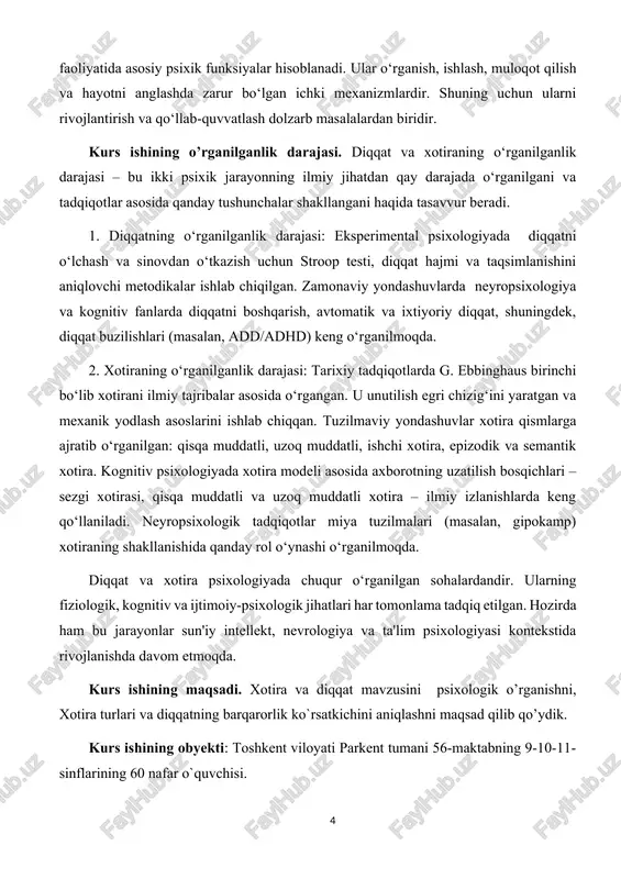 riy bilimlar tizimlashtiriladi hamda bu yo‘nalishdagi ilg‘or psixologik yondashuvlar o‘rganiladi. kurs ishining amaliy ahamiyati. kurs ishida berilgan tahlillar va tavsiyalar ta’lim jarayonida, shuningdek, shaxsiy rivojlanishda diqqat va xotirani samarali rivojlantirishga xizmat qilishi mumkin. psixologlar, pedagoglar va talabalar bu bilimlardan amaliy faoliyatda — masalan, o‘quv jarayonini optimallashtirishda, eslab qolish texnikalarini qo‘llashda yoki diqqatni jamlash muammolarini hal etishda foydalanishlari mumkin. kurs ishining tuzulishi. kurs ishi kirish qisim ikki bob, to'rt bo'lim, xulosa, glossary, foydalanilgan adabiyotlar ro’yxatidan iborat . i bob 1.1.xotira haqida umumiy tushuncha psixikaning eng muhim xususiyati shundan iboratki, individ tashqi ta’sirotlarning aks ettirilishidan o‘zining keyingi hatti-harakatlarida doimo foydalanadi. individual tajriba orta borishi hisobiga xulq-atvor sekin-asta murakkablashdi. agar tashqi dunyoning miya qobig‘ida hosil bo‘ladigan obrazlari bejiz yo‘qolib ketaversa, tajribaning shakllanishi mutlaqo mumkin bo‘lmay qolur edi. bu obrazlar bir-biri bilan o‘zaro turli xil aloqalar bog‘lagan holda mustahkamlanib, saqlanib qoladi hamda hayot va faoliyat talablariga muvofiq tarzda yana boshqatdan namoyon bo‘ladi. xotiraning ta’rifi. …