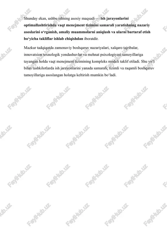 lashning va inson resurslarining integratsiyalashgan tizimini o‘z ichiga oladi. 1.1. ish jarayonini optimallashtirishning mohiyati optimallashtirish atamasi lotincha “optimus” — “eng yaxshi, eng qulay” so‘zidan kelib chiqqan bo‘lib, boshqaruvda u mavjud jarayonlarning eng maqbul shaklini topish, resurs sarfini minimallashtirish va natijani maksimallashtirishni anglatadi. ish jarayonini optimallashtirish deganda, korxona yoki tashkilot faoliyatidagi barcha operatsiyalarni — rejalashtirish, bajarish, nazorat qilish, tahlil qilish va takomillashtirish bosqichlarini tizimli tahlil qilib, ularni samarali modelga keltirish tushuniladi. bu jarayon quyidagi asosiy yo‘nalishlarni qamrab oladi: · tashkiliy optimallashtirish: strukturaviy birliklar, bo‘limlar va lavozimlar o‘rtasidagi vazifalarni qayta taqsimlash orqali ortiqcha funksiyalarni kamaytirish; · texnologik optimallashtirish: ishlab chiqarish yoki xizmat ko‘rsatish jarayonlariga zamonaviy texnologiyalar, avtomatlashtirilgan tizimlar va sun’iy intellektni tatbiq etish; · axborot oqimlarini optimallashtirish: ma’lumotlar almashinuvini tezlashtirish, byurokratik to‘siqlarni kamaytirish, elektron hujjat aylanishi tizimlarini joriy etish; · inson omilini optimallashtirish: xodimlarning ish yuklamasini tahlil qilish, ularning mehnat unumdorligini oshirish, motivatsion va psixologik muvozanatni ta’minlash. natijada, har bir ish bosqichi …