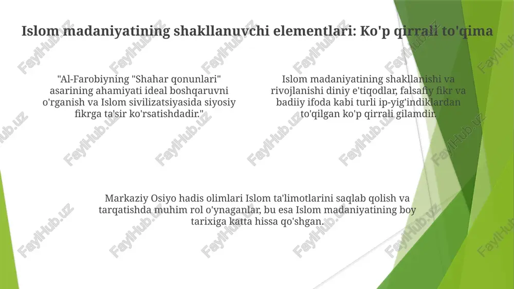 va farovonlikni ta'minlaydigan deb tasavvur qilgan. markaziy osiyo hadis olimlari islom madaniyatiga ta'sirining doimiyligi. markaziy osiyo hadis olimlari islom huquqi va ilohiyoti ustida uzoq muddatli ta'sir ko'rsatdi. abu nasr al-farabiyning asarlarini o‘rganish islom falsafasini va u islom madaniyatining shakllanishiga qilgan ta'sirini yoritadi. al-farabi tomonidan yozilgan "shahar qonunlari" asari hukumat va ijtimoiy tartib haqida qimmatli fikrlar beradi, bu bugungi kunda ham dolzarbdir. al-farobiyning asarlarida falsafa va dinning kesishishi. al-farobiyning asarlarini o'rganish erta islom fikriga, falsafa va dinni bog'laydigan va intellektual tarixga hissa qo'shadigan tushunchalarni beradi. al-farabi falsafa va diniy fikrlarni birlashtirdi va aql bilan imon birga yashay olishi mumkinligini ko'rsatdi. al-farabi falsafa va diniy fikrlarni birlashtirdi va aql bilan imon birga yashay olishi mumkinligini ko'rsatdi. al-farabi'ning asarlari ijtimoiy va siyosiy konteksti tushunish. al-farobiyning asarlarini o'rganish, xususan falsafa va siyosiy fikr rivojlanishida islom madaniyatining intellektual asoslarini chuqur anglashga imkon beradi. al-farobiyning falsafasi va siyosiy fikri islom madaniyatining shakllanishi va rivojlanishiga katta ta'sir …